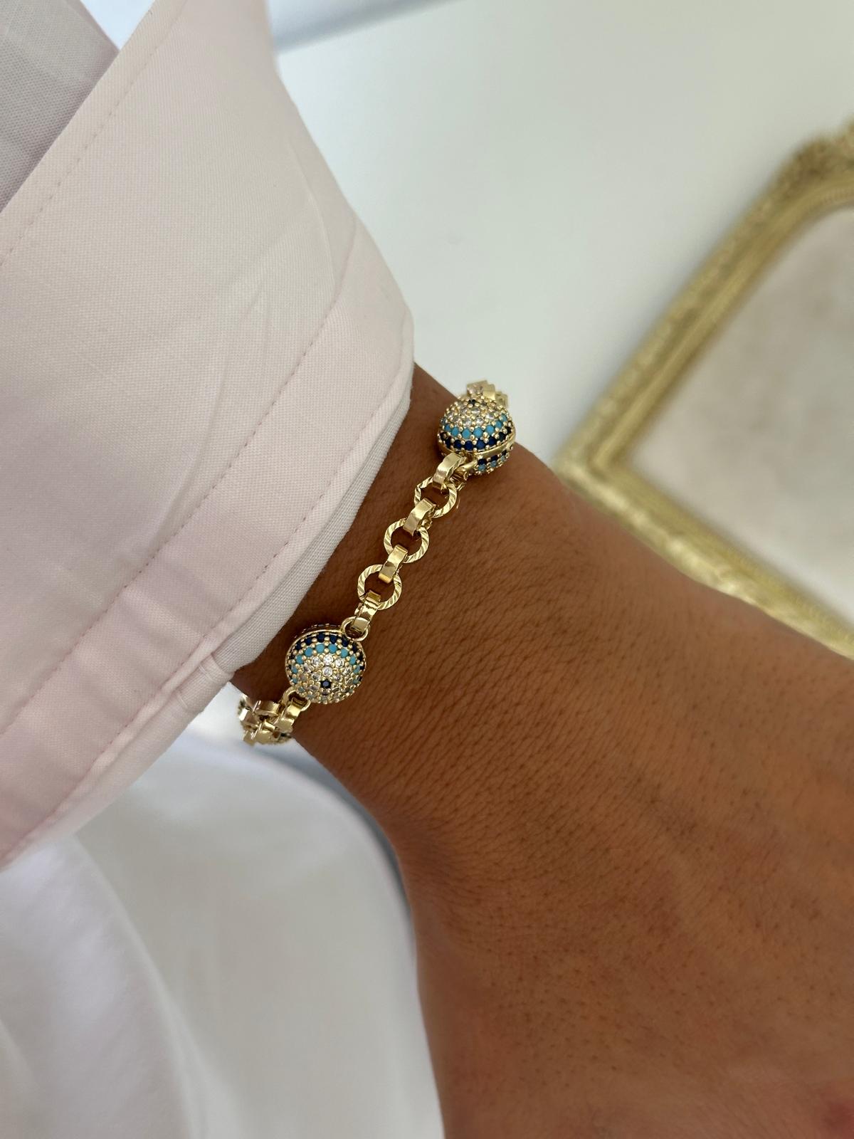 14K Gold Renkli Üç Topçuklu Nazar Boncuklu Bileklik