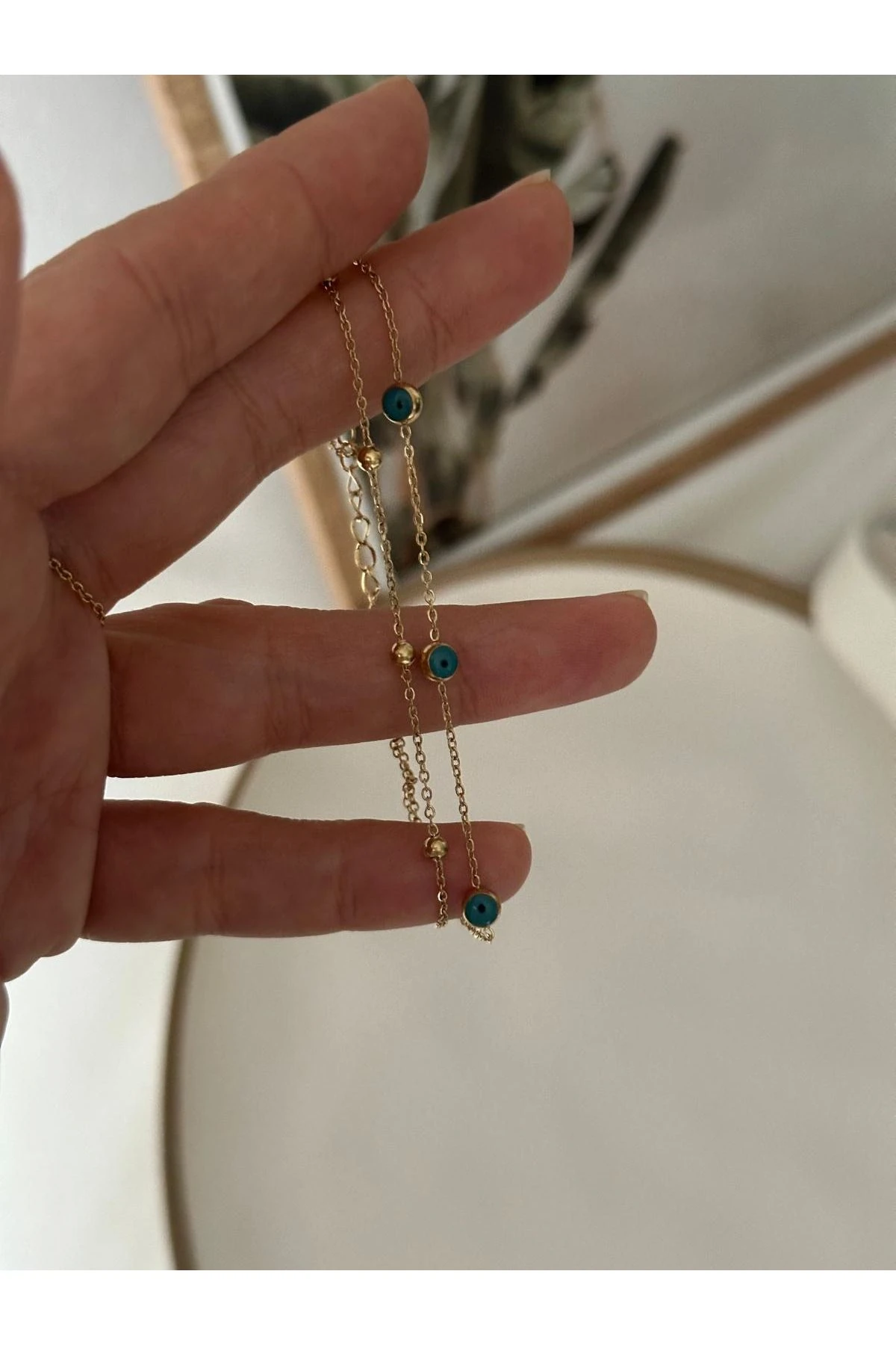 Gold İkili Nazarlı Topçuklu Bileklik