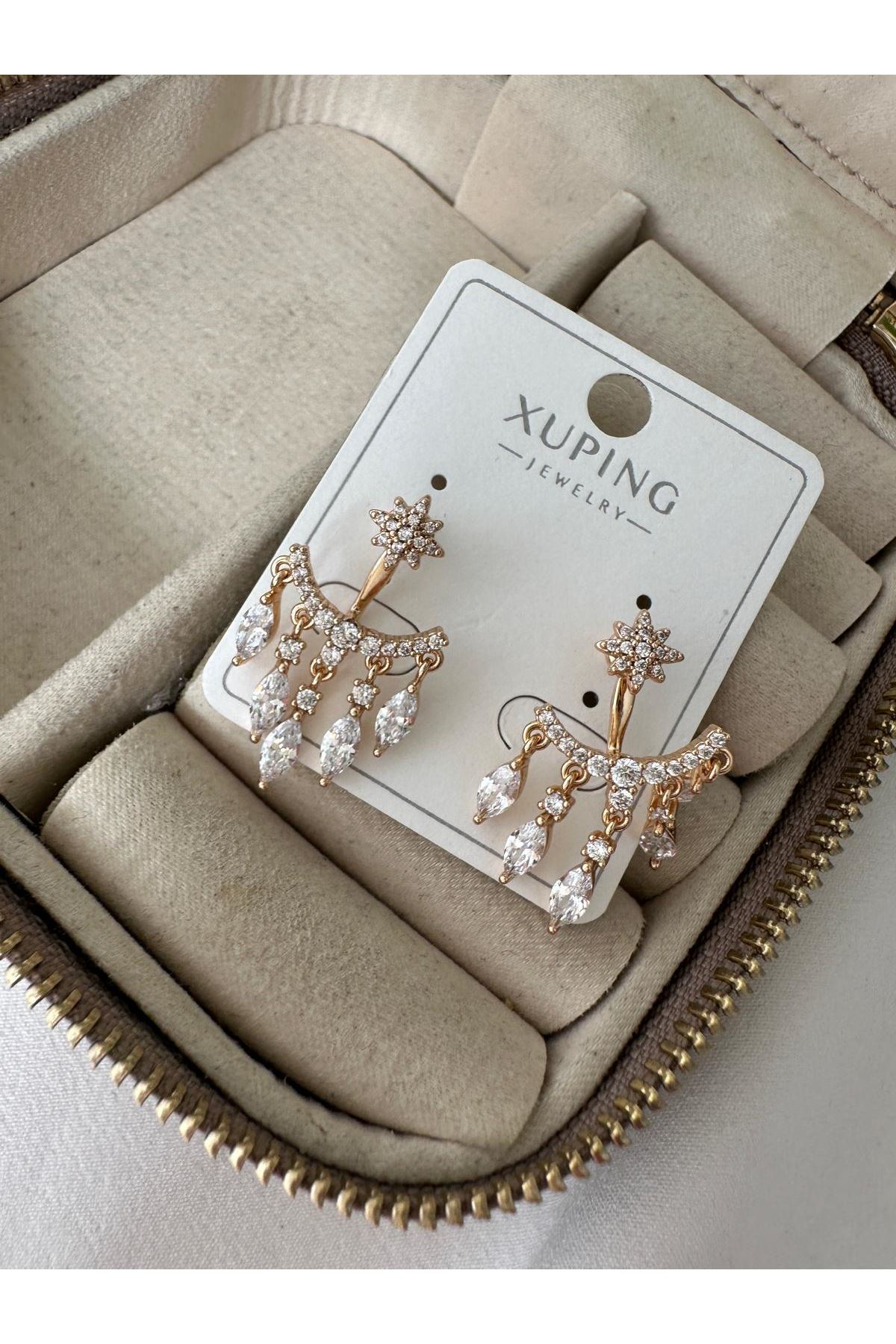 18K Rose Gold Renkli Kutup Yıldızı Sarkıt Beş Taşlı Küpe