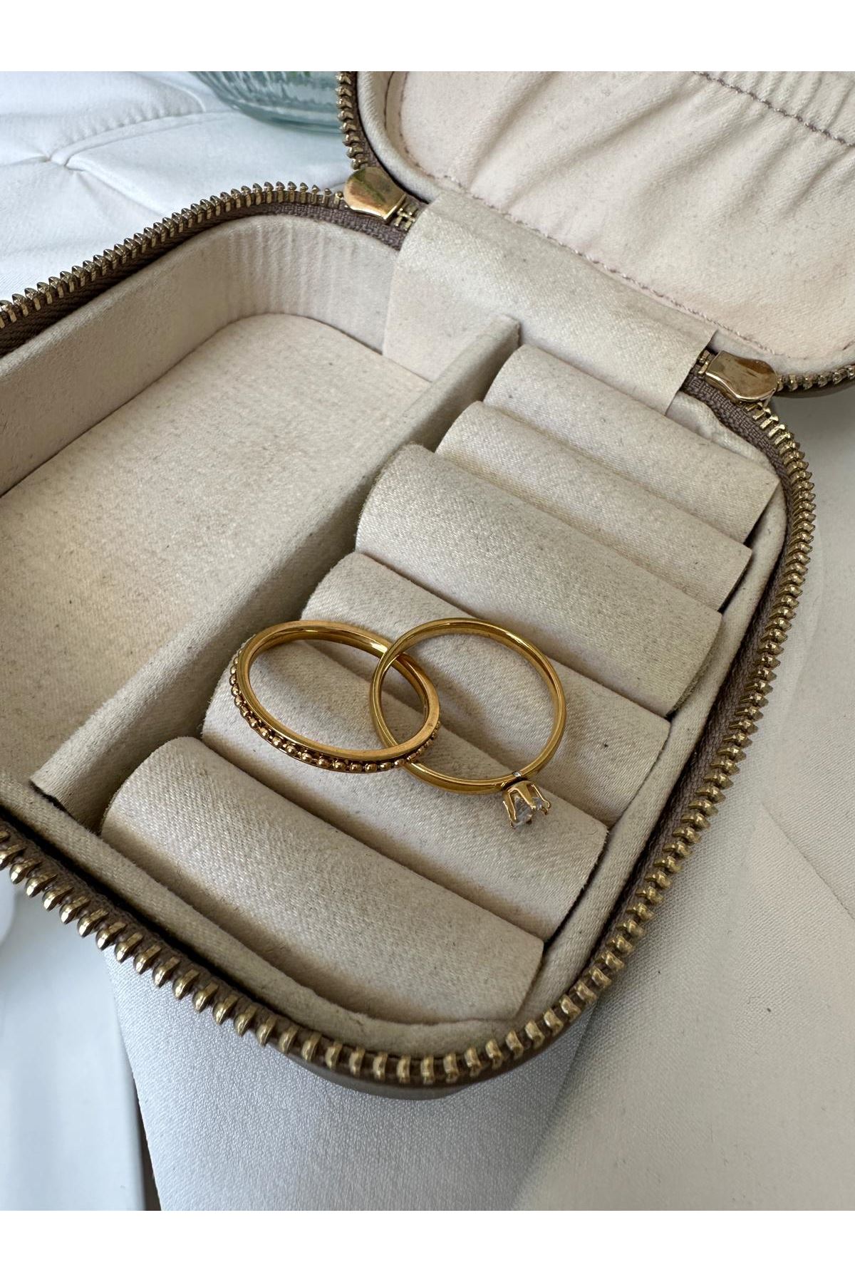 18K Rose Gold Renkli İkili Tek Taş Topçuklu Yüzük