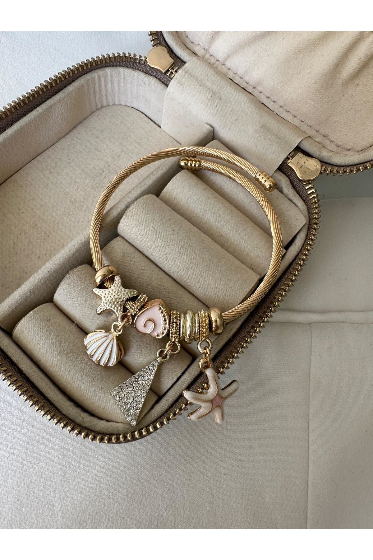 18K Rose Gold Renkli İstridye Beyaz Deniz Yıldızlı Bol Charmlı Pandora Bileklik