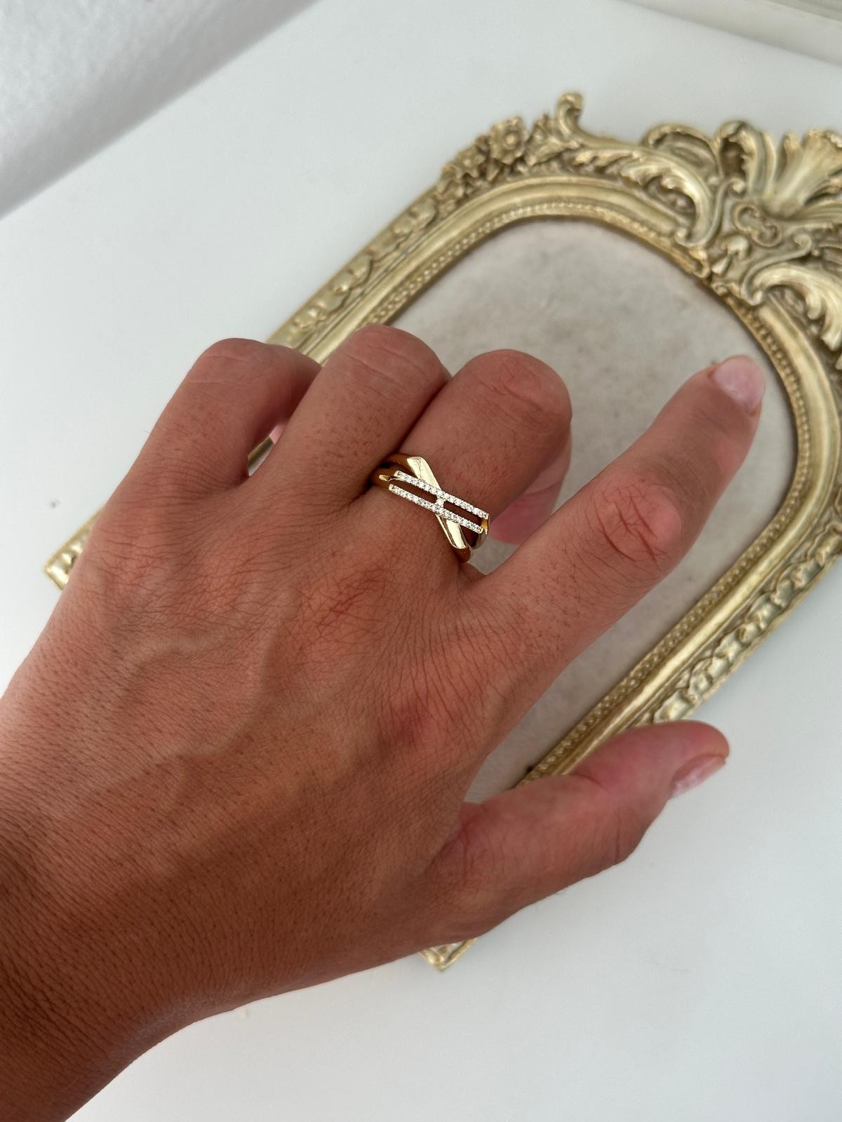 14K Gold Renkli Çapraz Ksim İkili Şerit Taşlı Casual Yüzük