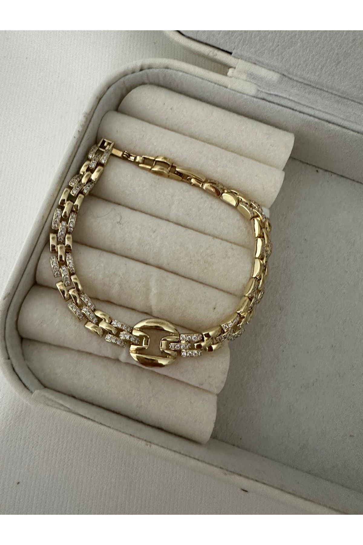 14K Gold Renkli  Ortası Geçmeli Yuvarlak Orjmark Kesim Full Taşlı Bileklik