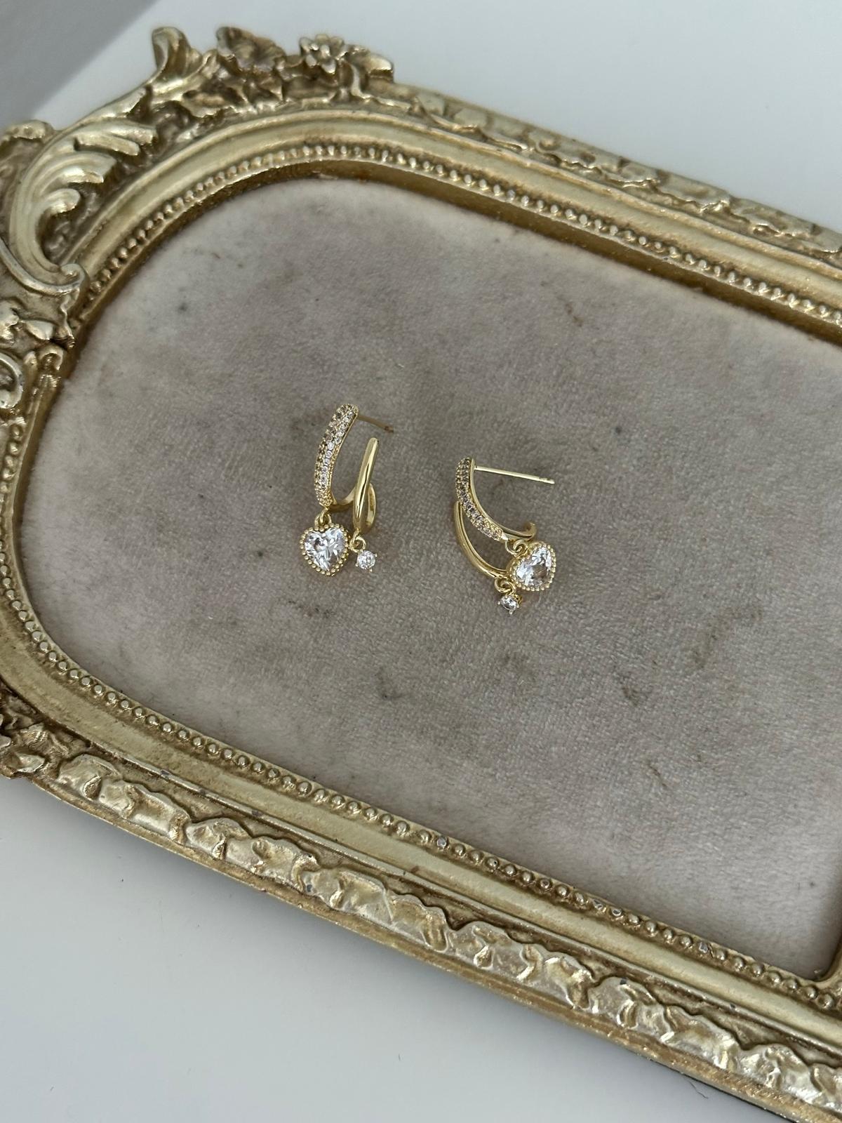 14K Gold Renkli İkili Kalp Taşlı Küpe