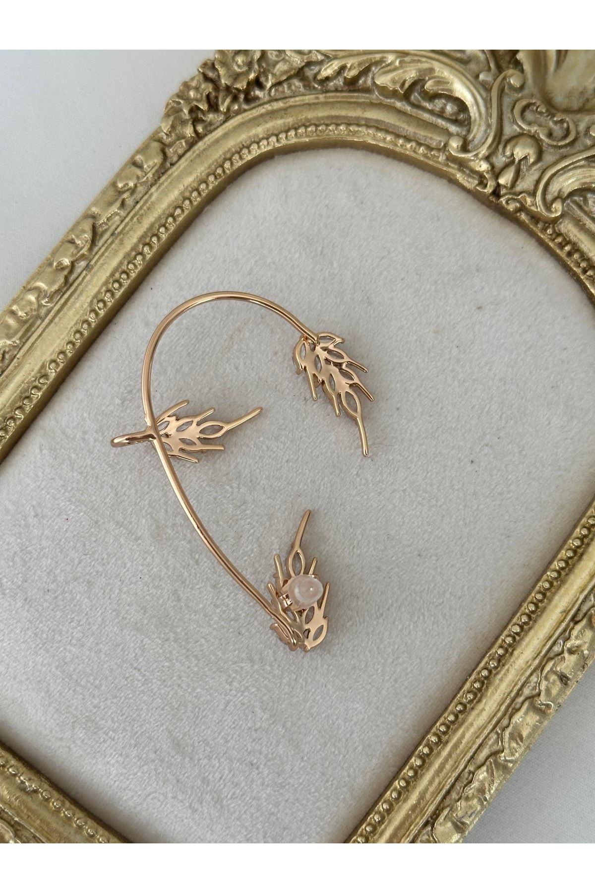 18K Rose Gold Renkli Başak Taneli Full Taşlı Kulak Aksesuarı