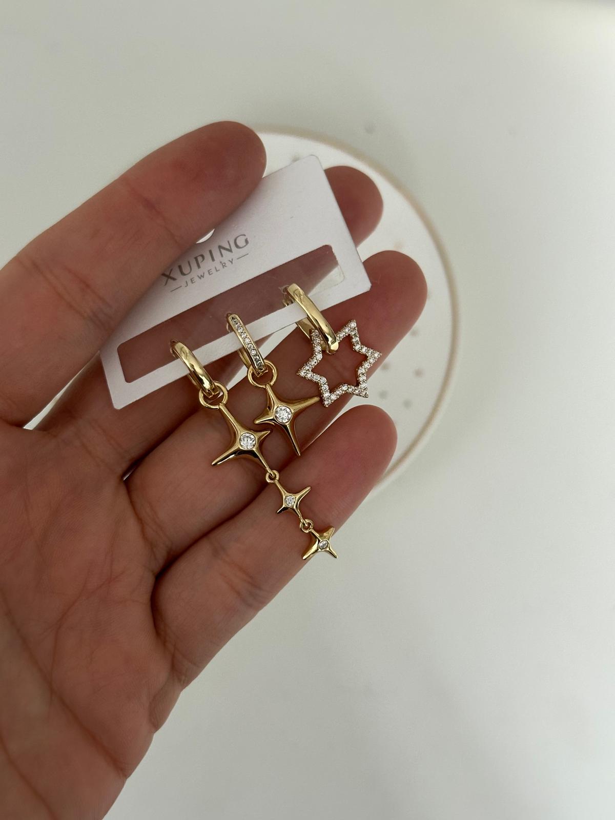 14K Gold Renkli Üçlü Kutup Yıldızı Yıldız Figürlü Küpe