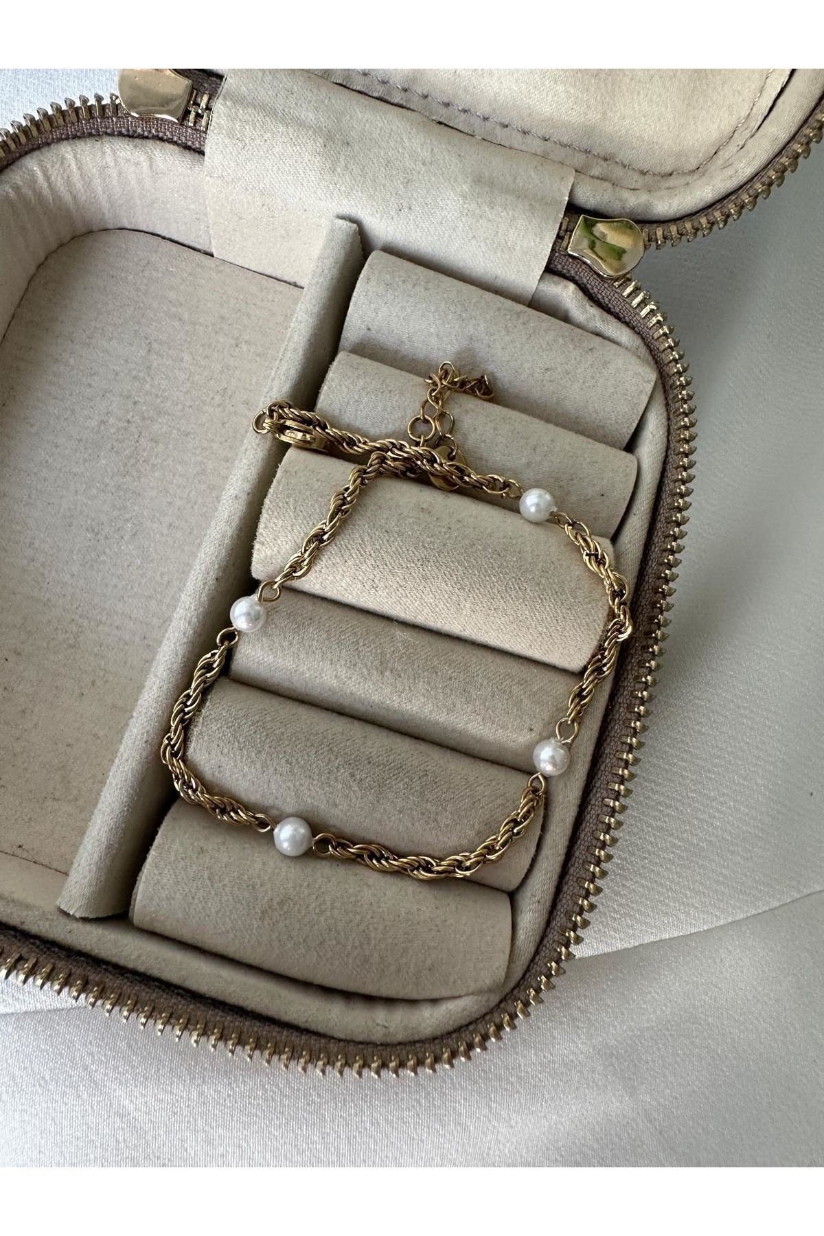 18K Rose Gold Renkli Burgu Zİncir İncili Halhal