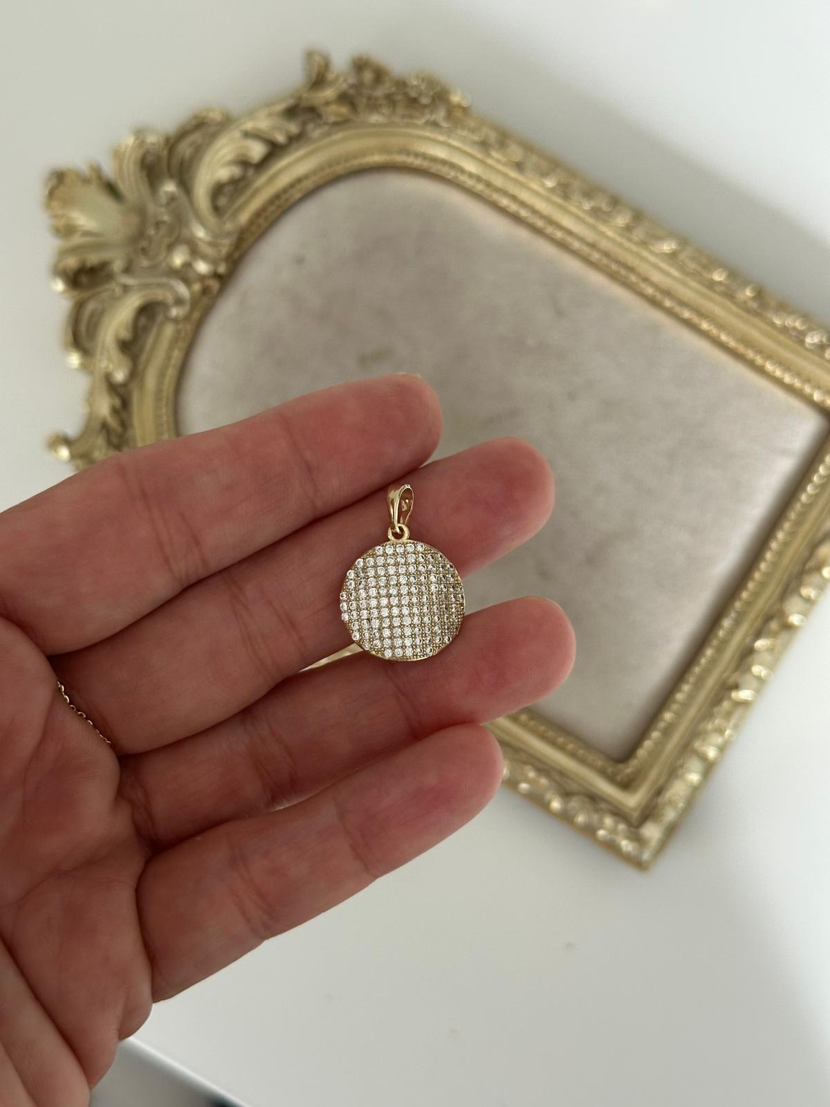 14K Gold Yuvarlak Tam Bombe Full Taşlı Kolye Ucu