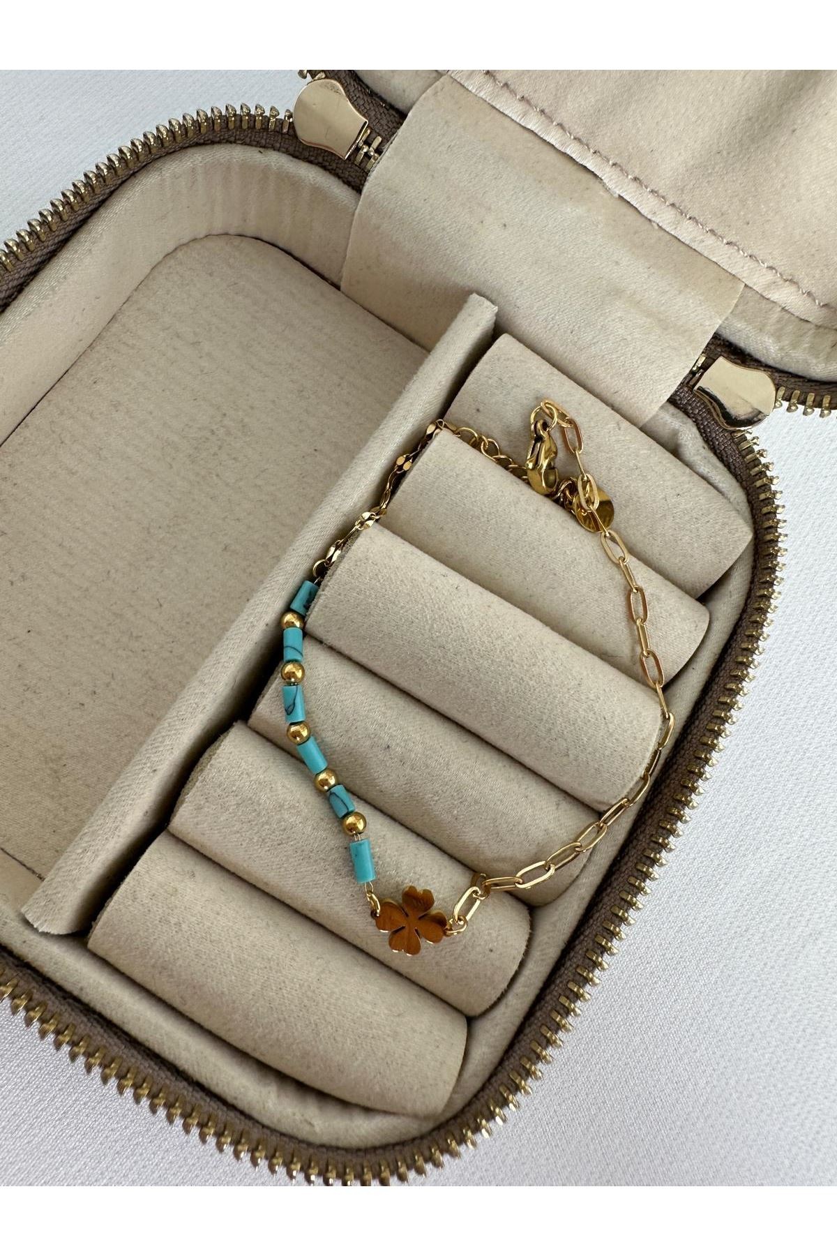18K Rose Gold Renkli Mavi Silindir Boncuklu Dorikalı Ortası Yonca Halhal