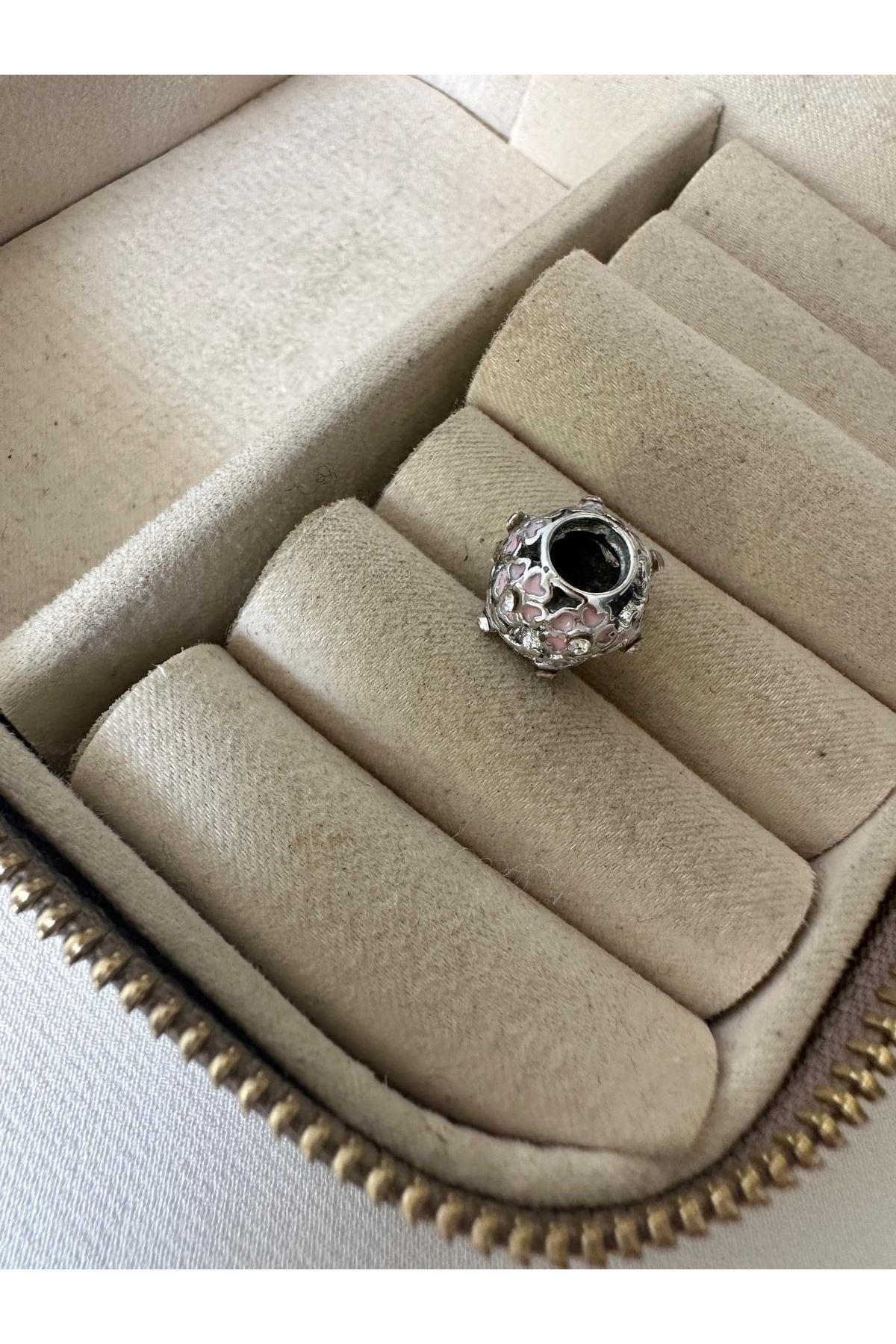 Pembe Çiçek Taşlı Oval Charm
