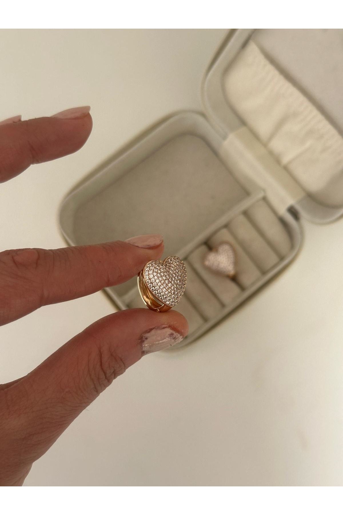 18K Rose Gold Renkli Kalp Halka Montür Taşlı Dolum Küpe