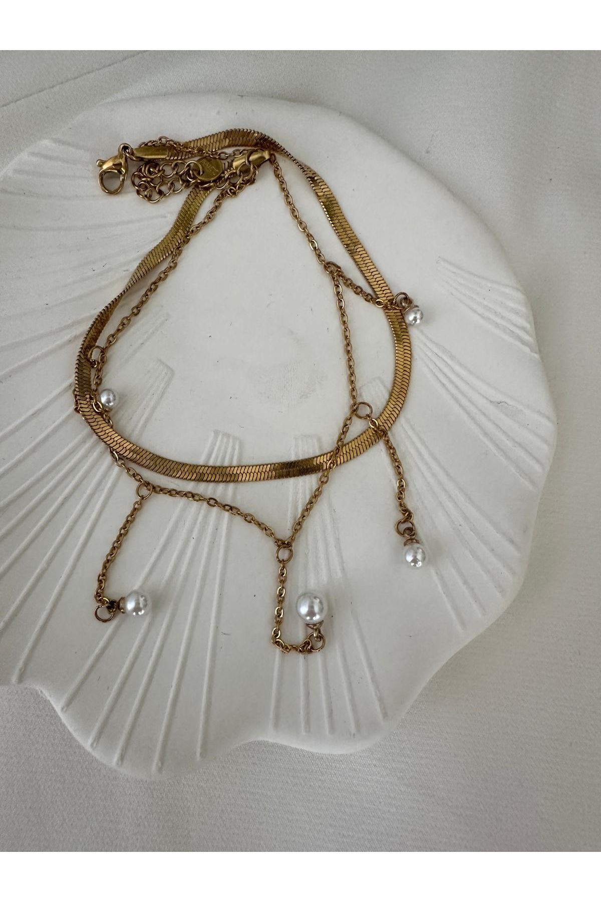 18K Rose Gold Renkli İtalyan Yassı Zincir İkili Sarkık İncili Halhal