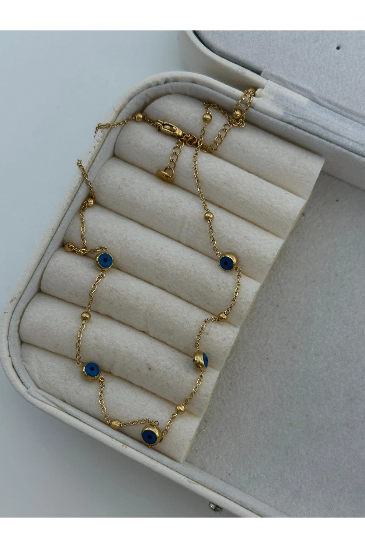 14K Gold Renkli  Minimal Zincir Dorika Topçuklu Nazarlı Kolye