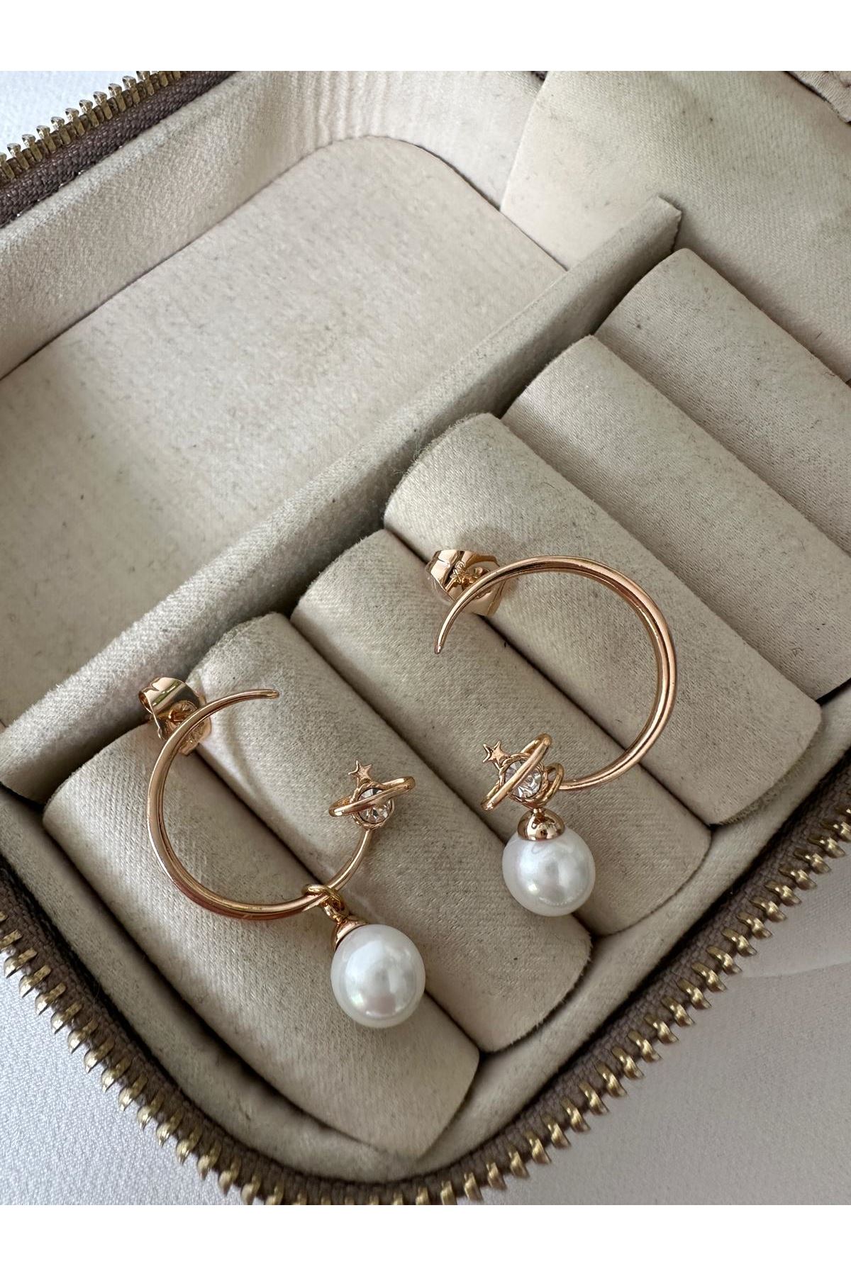 18K Rose Gold Renkli Yarım Halka Gezegen Taş Figürlü Küpe