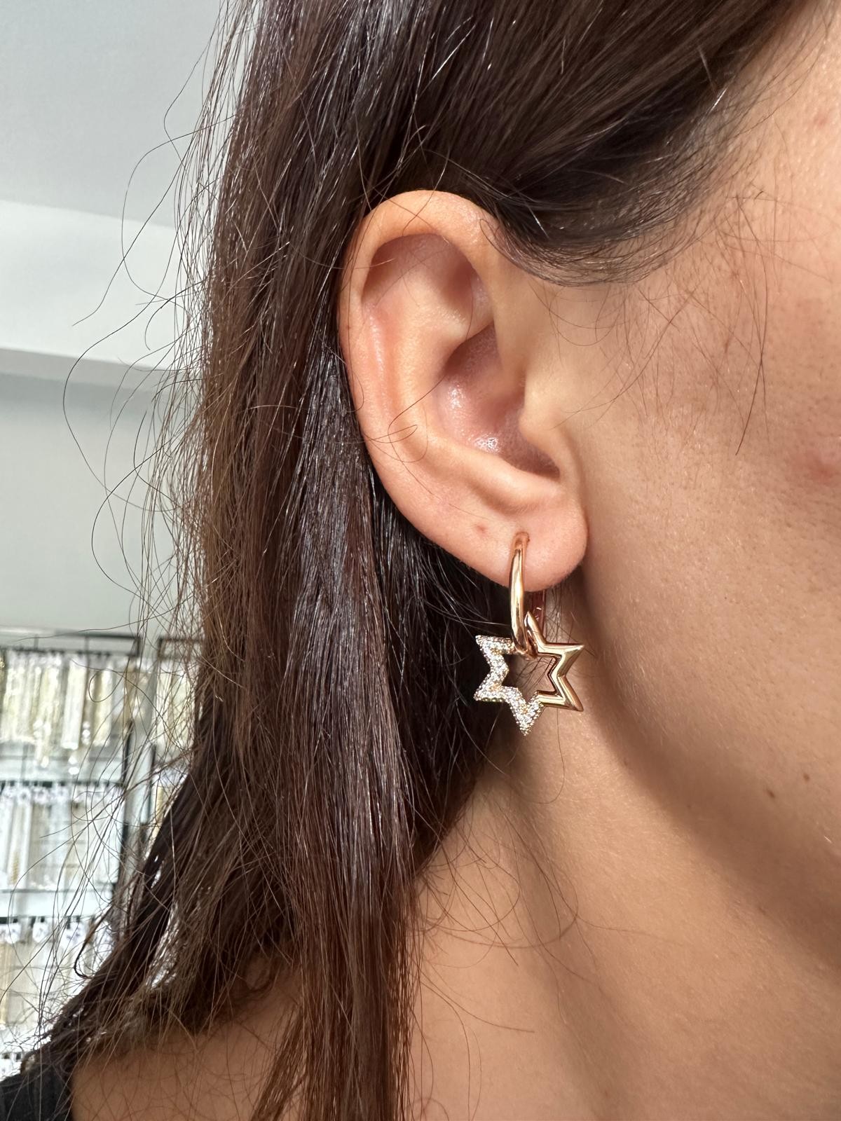 18K Gold Rose Oval Lale Form Yıldız Sarkıt Taşlı Küpe