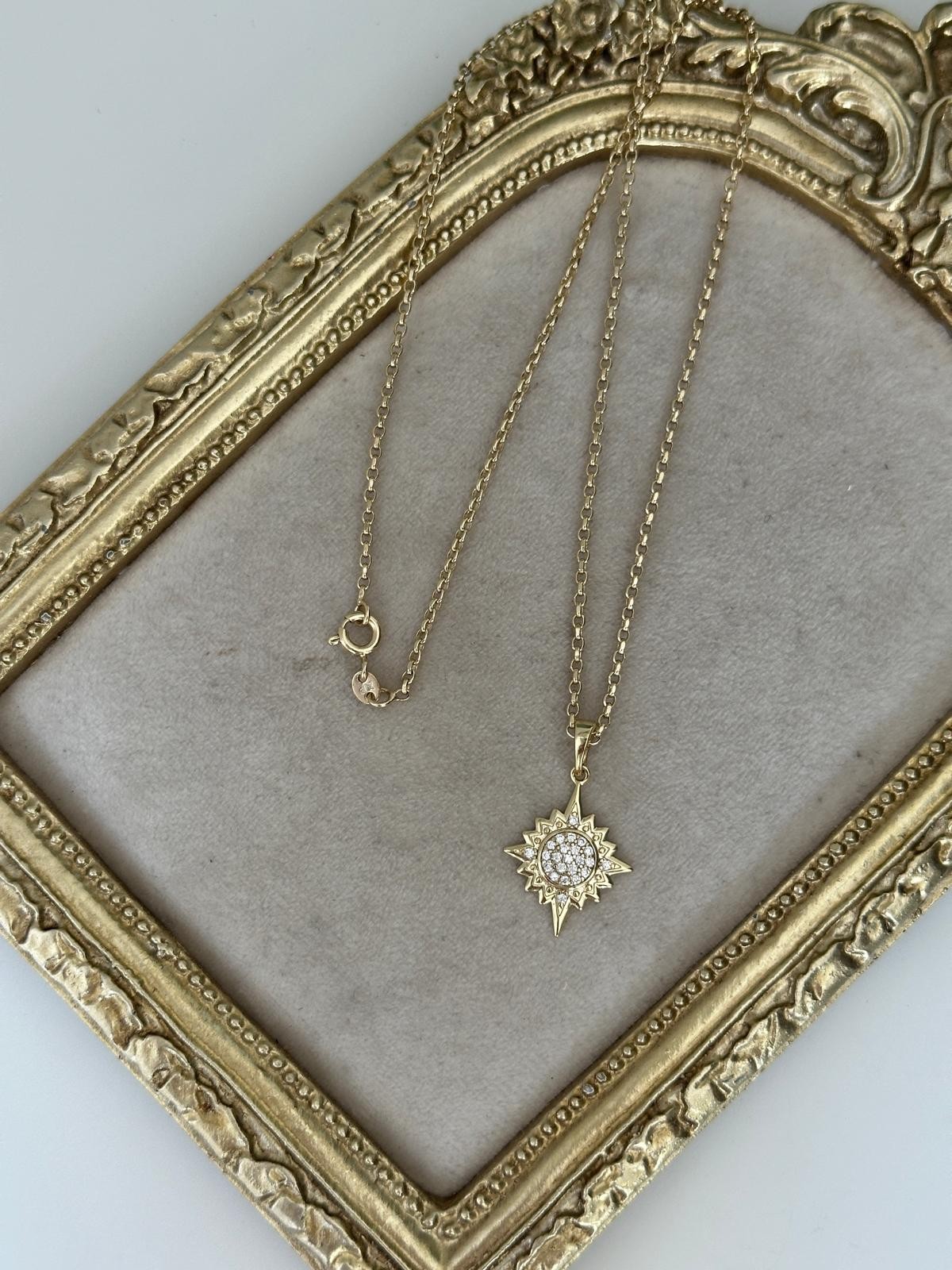 14K Gold Renkli Tok Doku Zincir Güneş Taşlı Kolye