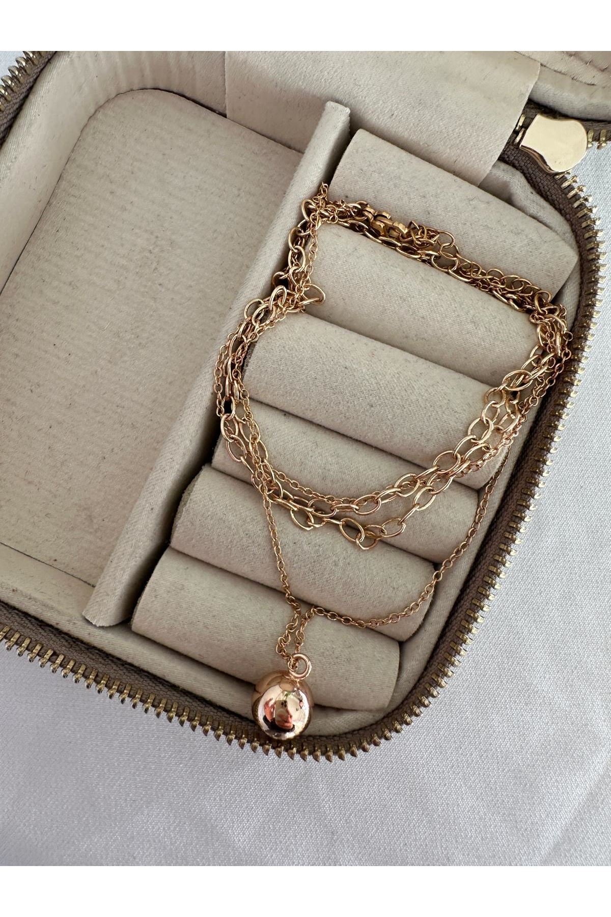 18K Rose Gold Renkli Topçuklu İki Zincirli Kolye