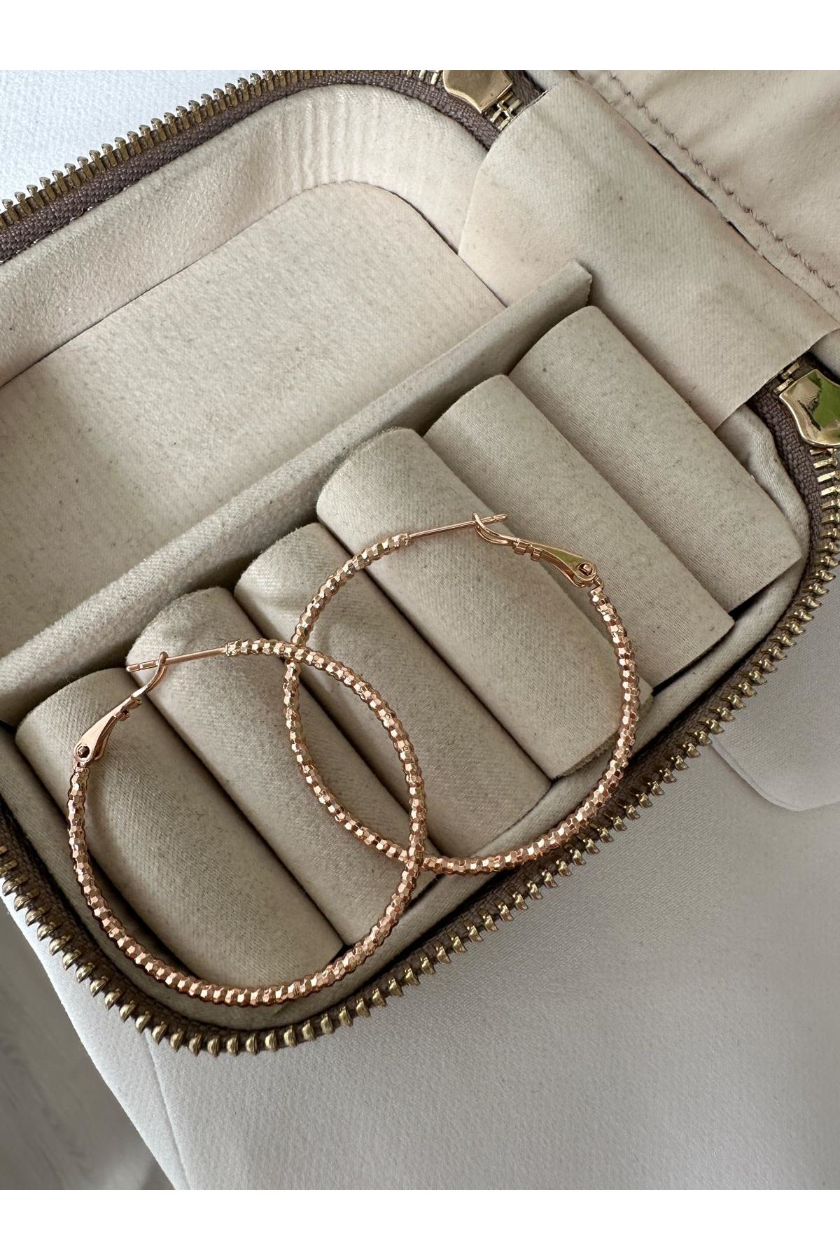 18K Rose Gold Renkli Parlak Topçuklu Büyük Halka Küpe