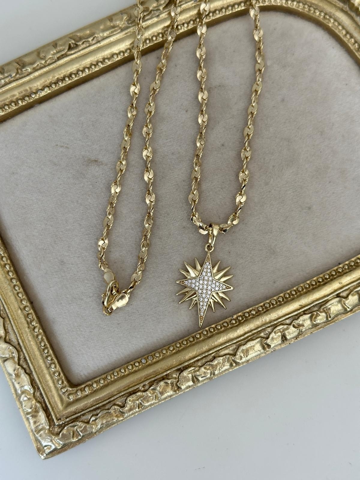 14K Gold Disk Parlak Zincir Yıldız Taşlı Kolye