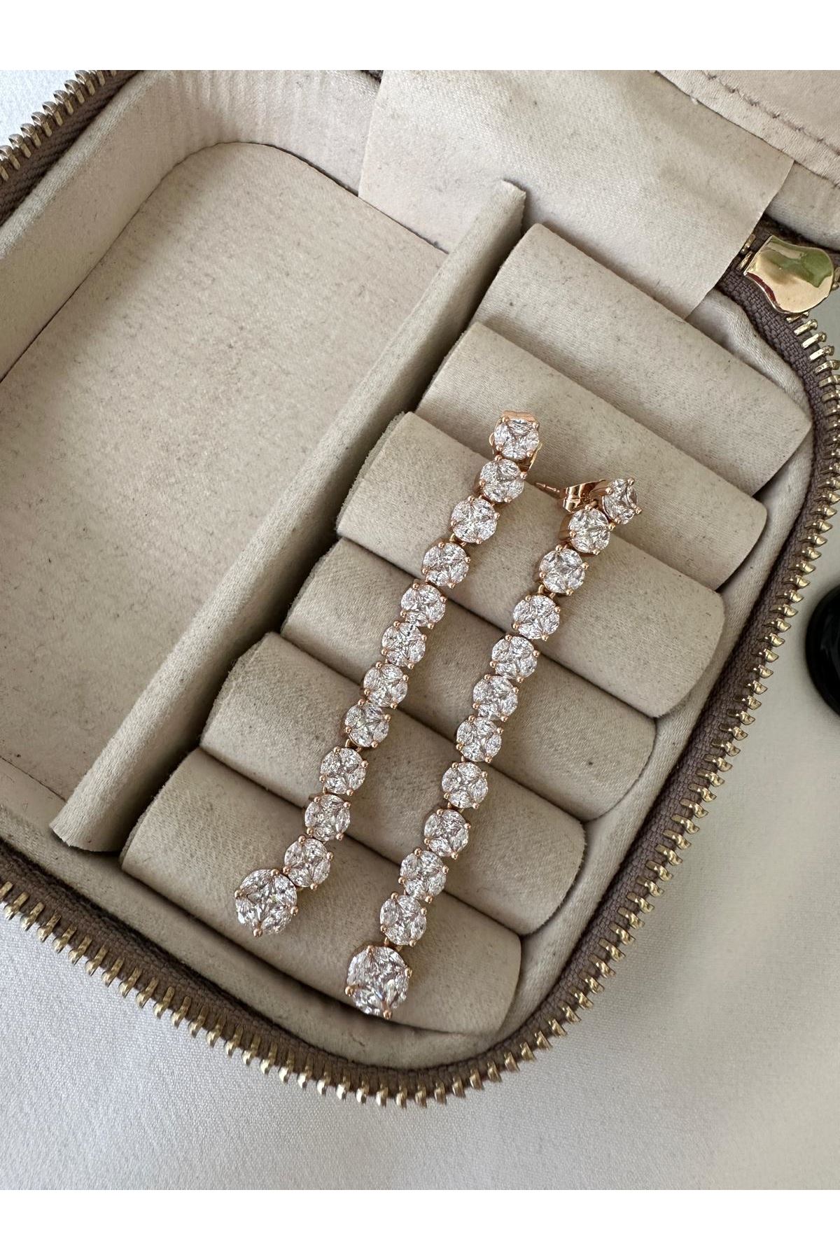 18K Rose Gold Renkli İri Su Yolu Taşlı Sarkıt Küpe