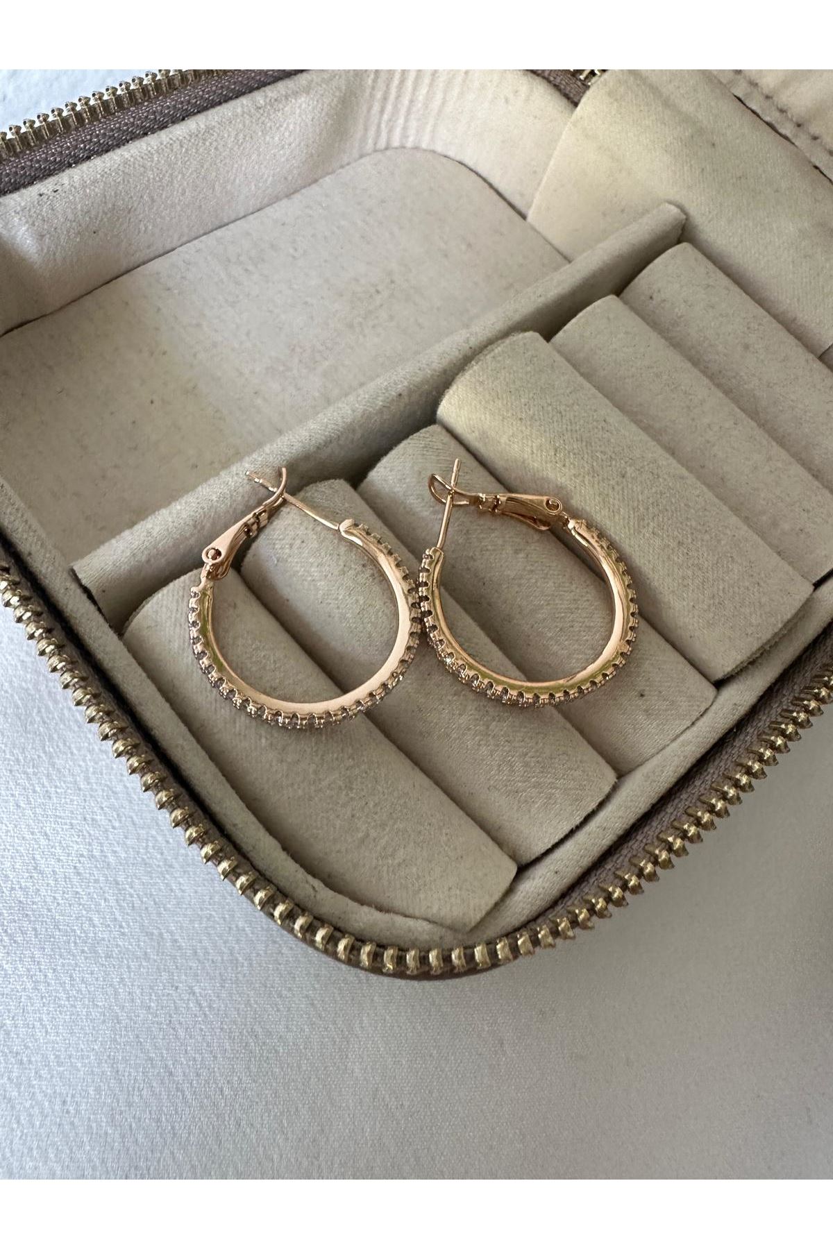 18K Rose Gold Renkli İncecik Sıra Taşlı Basıc Halka Küpe