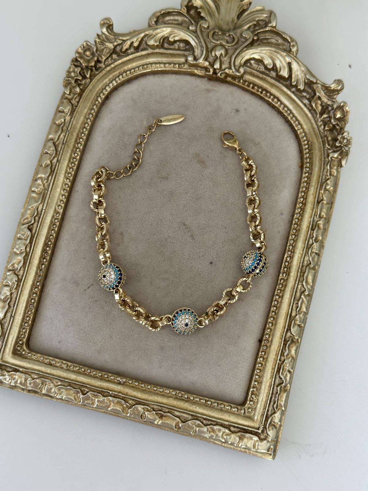 14K Gold Renkli Üç Topçuklu Nazar Boncuklu Bileklik