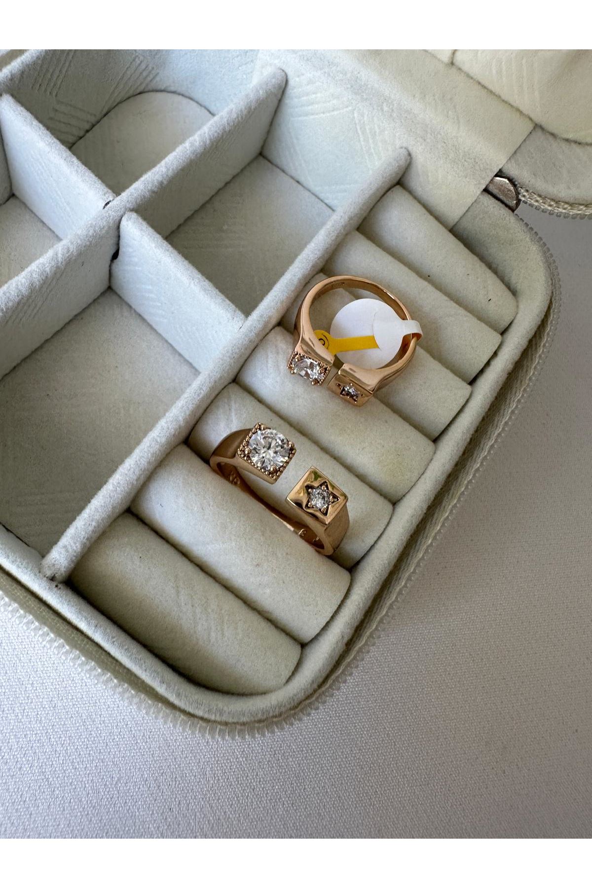 18K Rose Gold Renkli Yıldız Yuvarlak Kristal Taş Kare Kesim Ayarlanabilir Yüzük 8,9