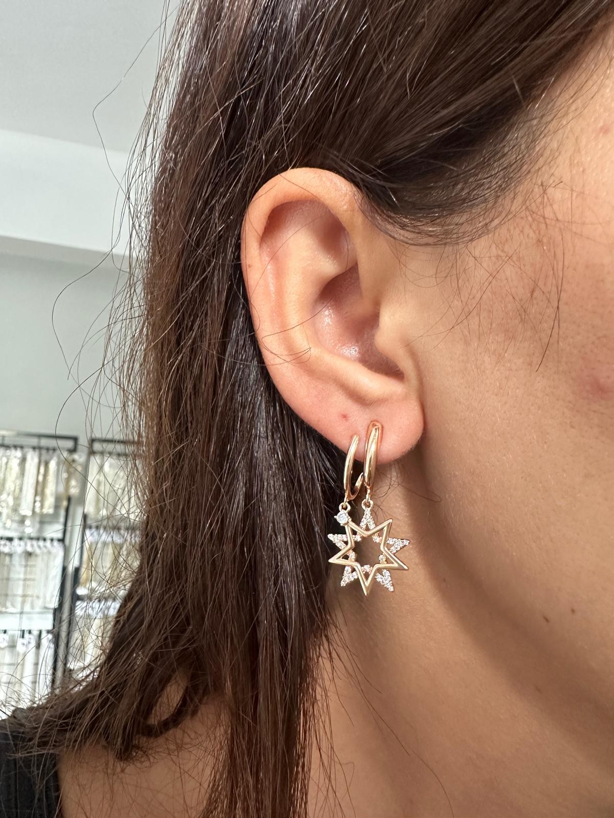 18K Gold Rose İkili Yıldız Taşlı Küpe