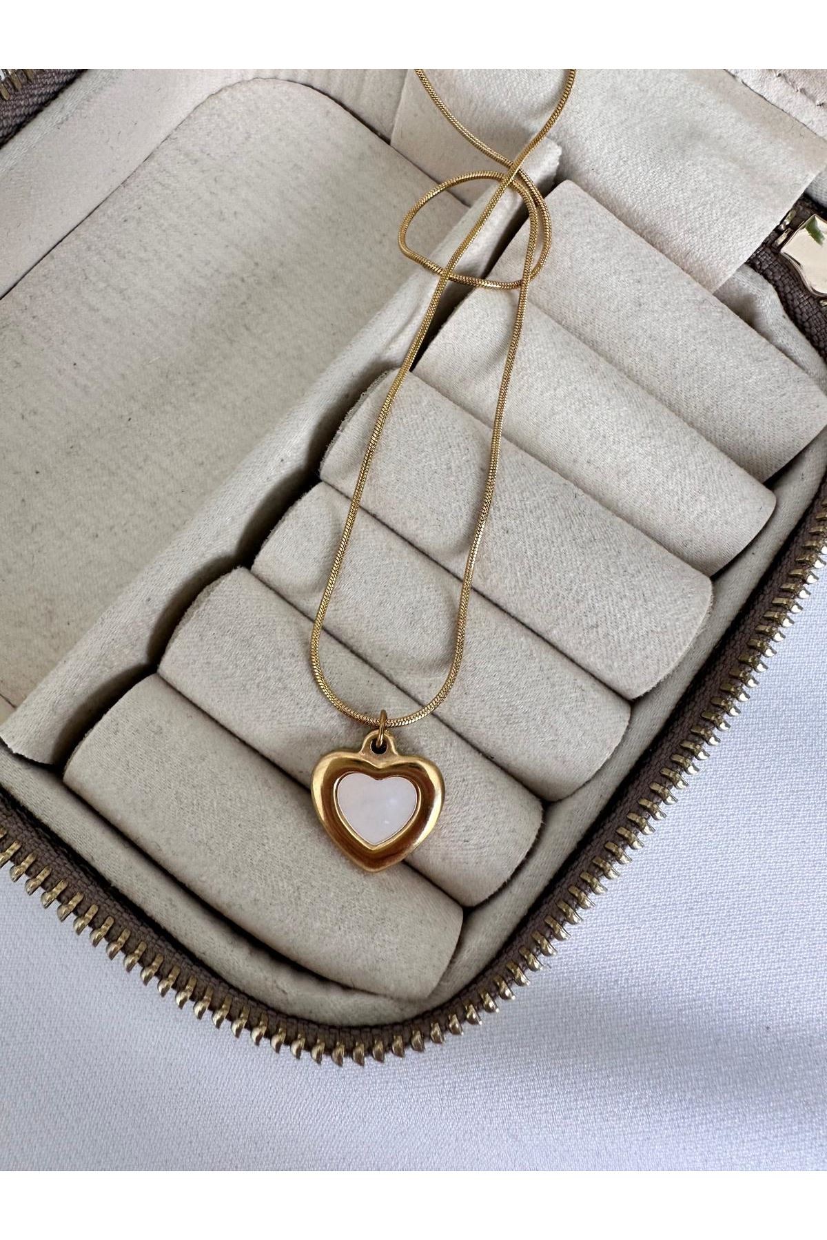 18K Rose Gold Renkli Kalp Plaka Beyaz İtalyan Zİncir Kolye