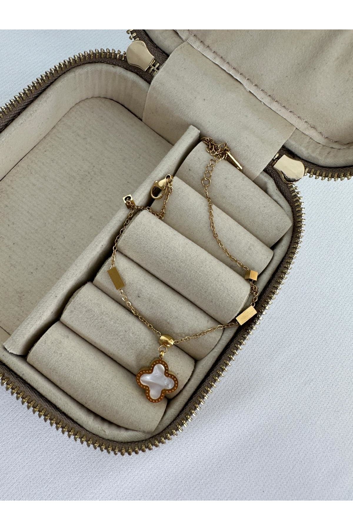 18K Rose Gold Renkli Marka Çift Taraflı Siyah Beyaz Marka Taşlı Halhal