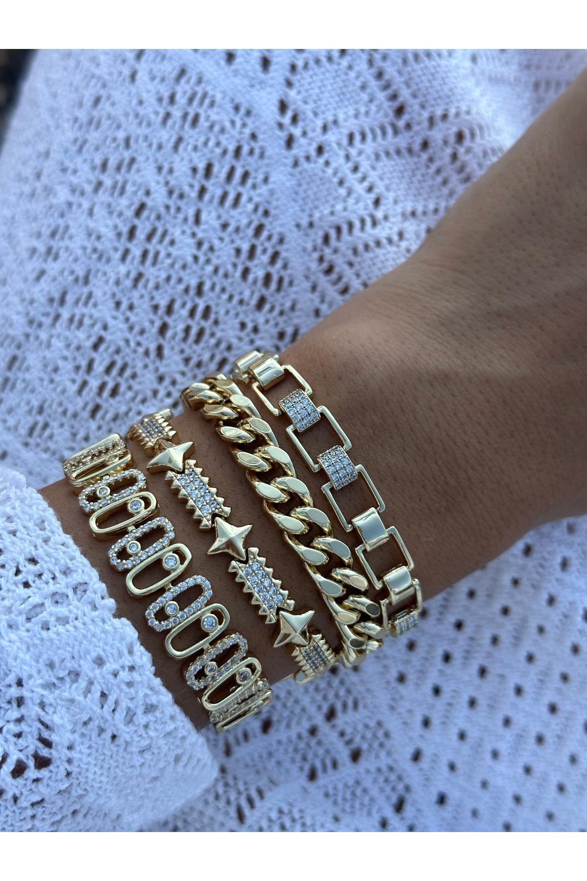 14K Gold Renkli  Kutup Yıldızı Çivi Kesim Taşlı Bileklik