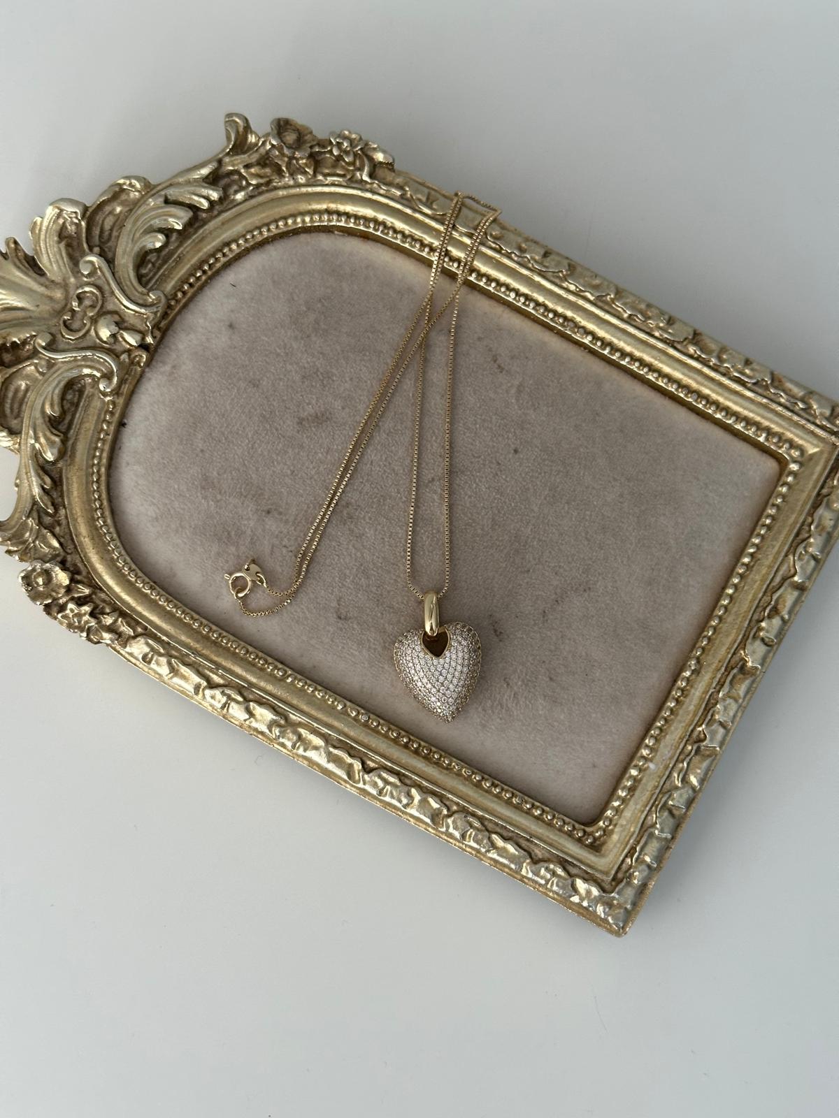 14K Gold Renkli Dolum Kalp Full Montür Taşlı Küpe Zincir Kolye