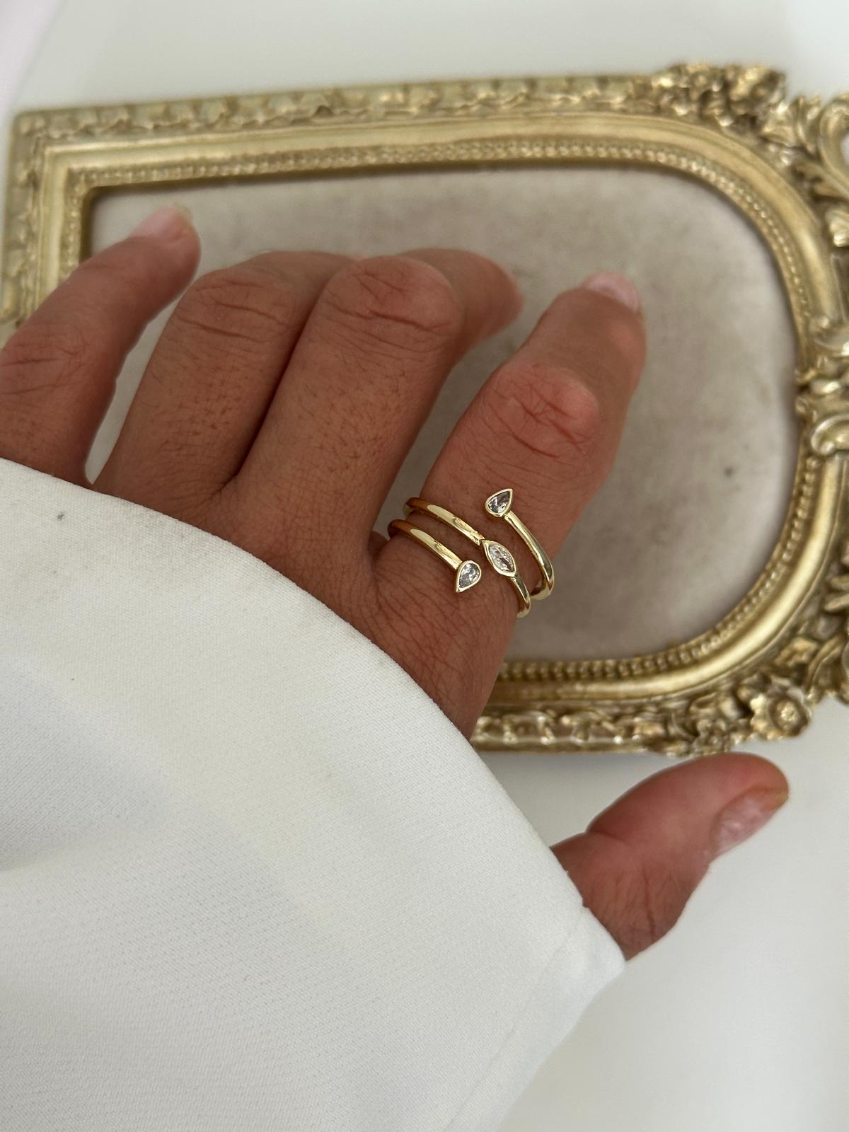 14K Gold Renkli Üçlü Sarmal Damla Taşlı Yüzük