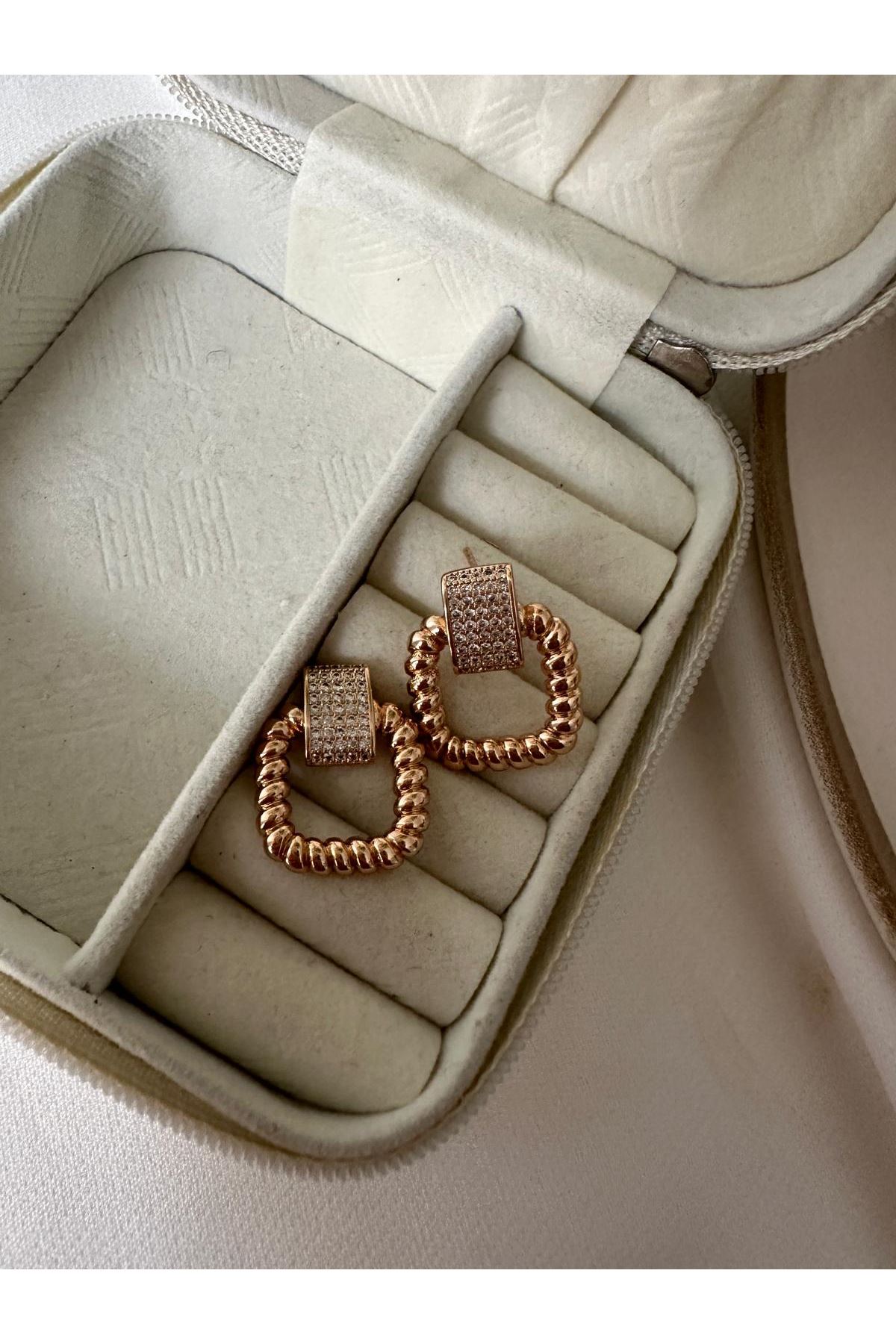 18K Rose Gold Renkli Kare Kesim Burgu Dikdörtgen Montür Taşlı Vintage Küpe