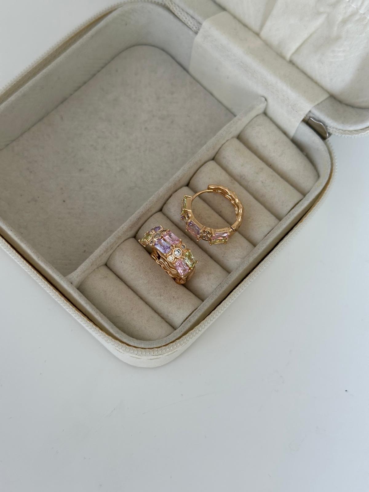 18K Rose Gold ÇİFT Kristal Yuvarlak Taşlı Renkli Halka Küpe