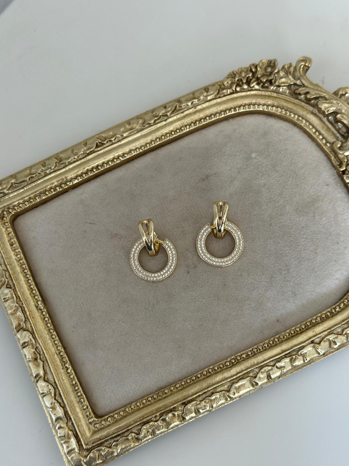 14K Gold İkili Halka Montür Taşlı Küpe