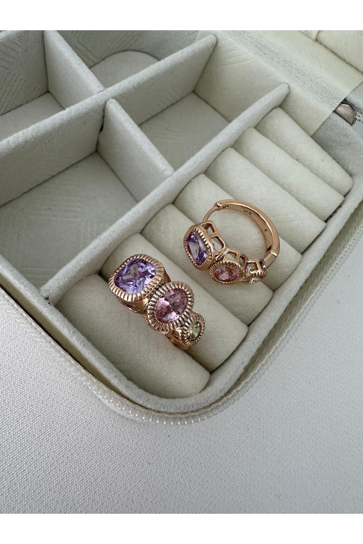 18K Rose Gold Renkli Halka Renkli Üç Formlu Orta Boy Küpe