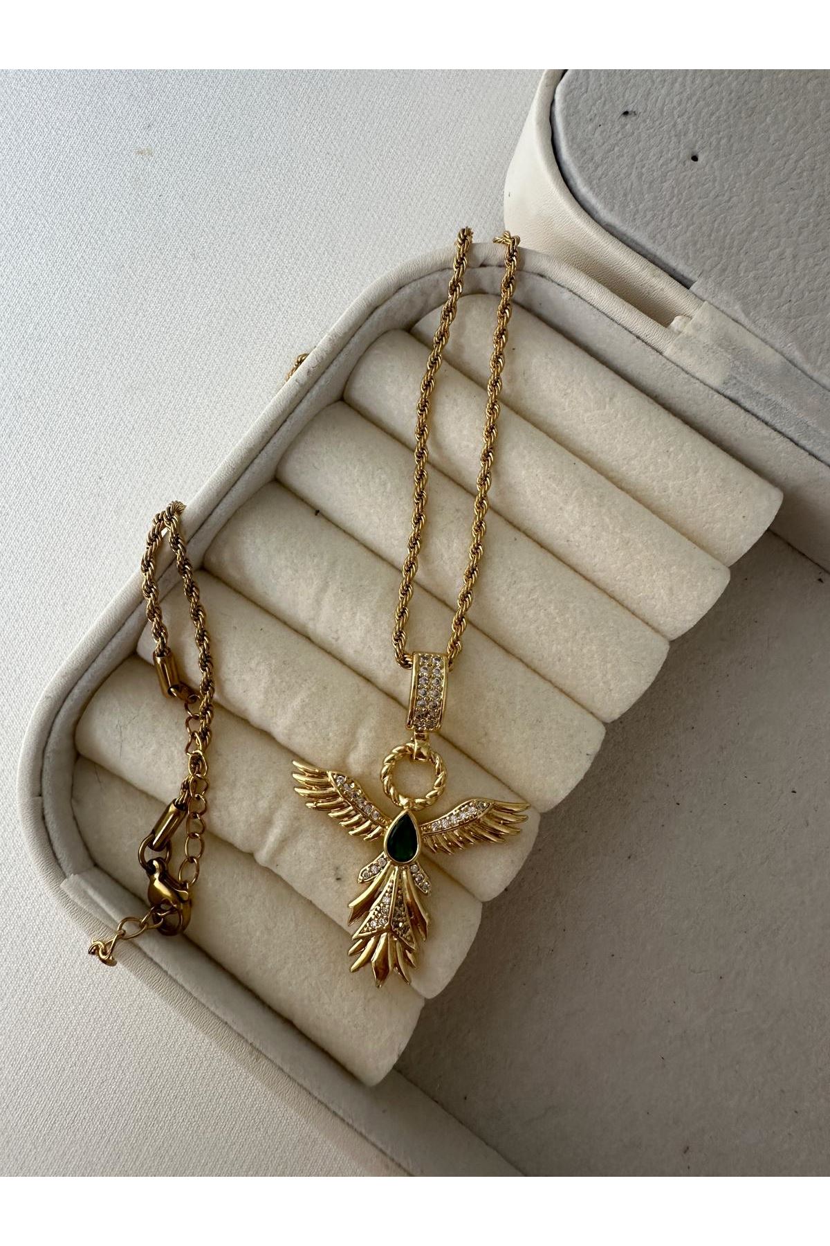 14K Gold Renkli  Burgu Zincir Anka Kuşu Kolye Yeşil Taşlı Kolye