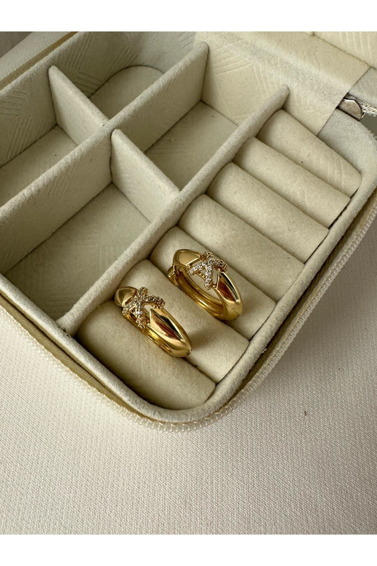 14K Gold Renkli  Halka X Taşlı Bomb Küpe