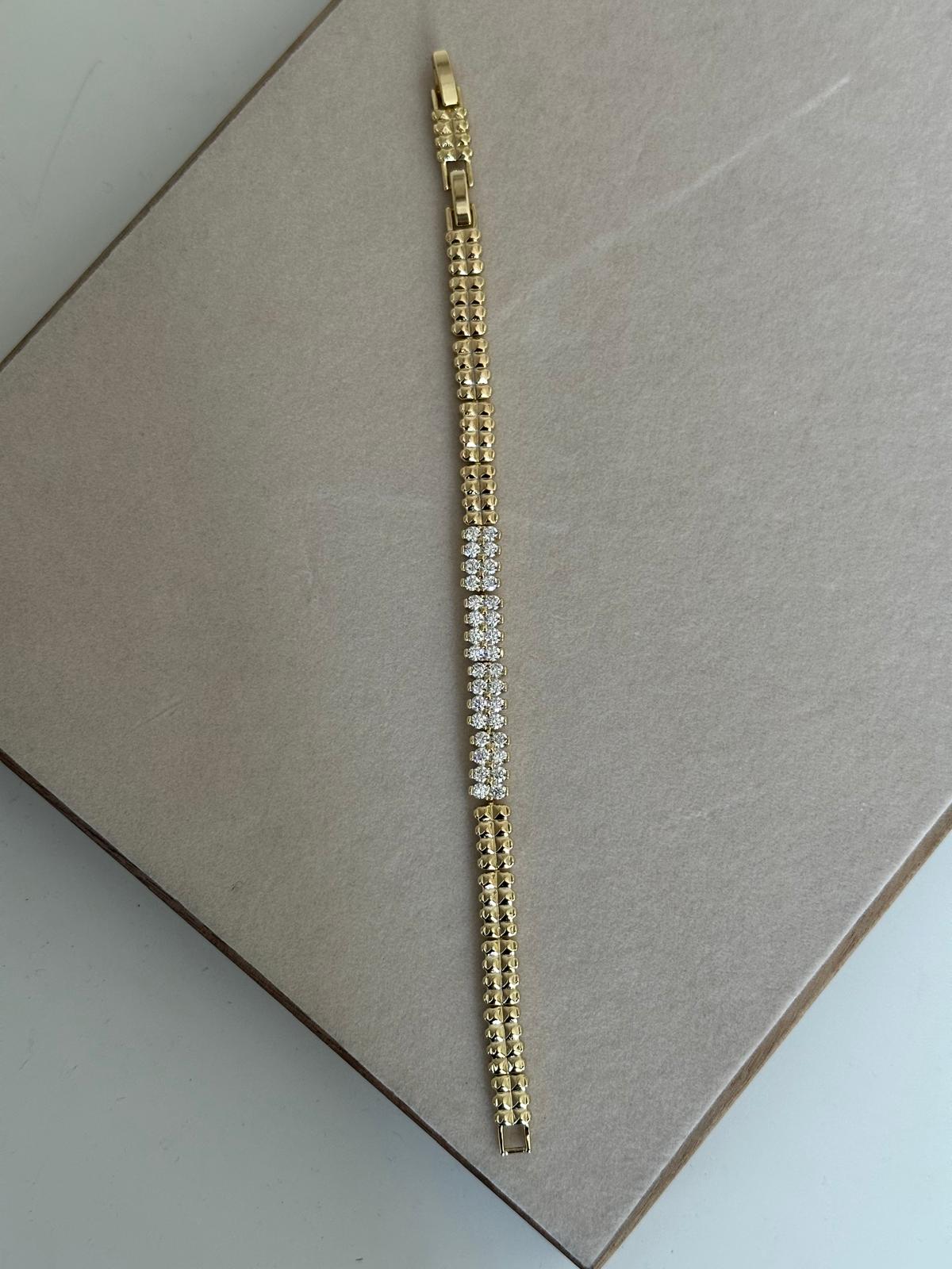 14K Gold Renkli Çift Sıra Ortası Yuvarlak Taşlı Bileklik