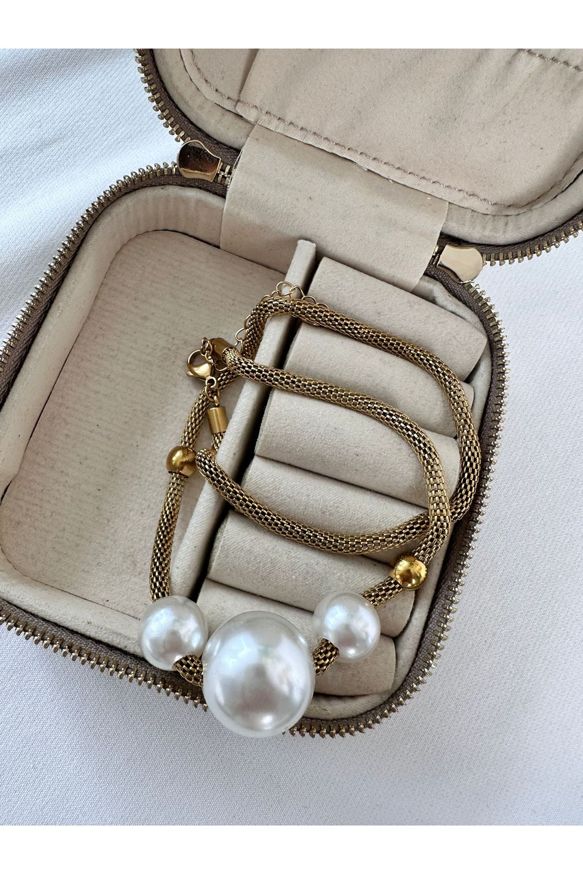 18K Rose Gold Renkli Çelik Top İnci Detaylı Zincir Kolye