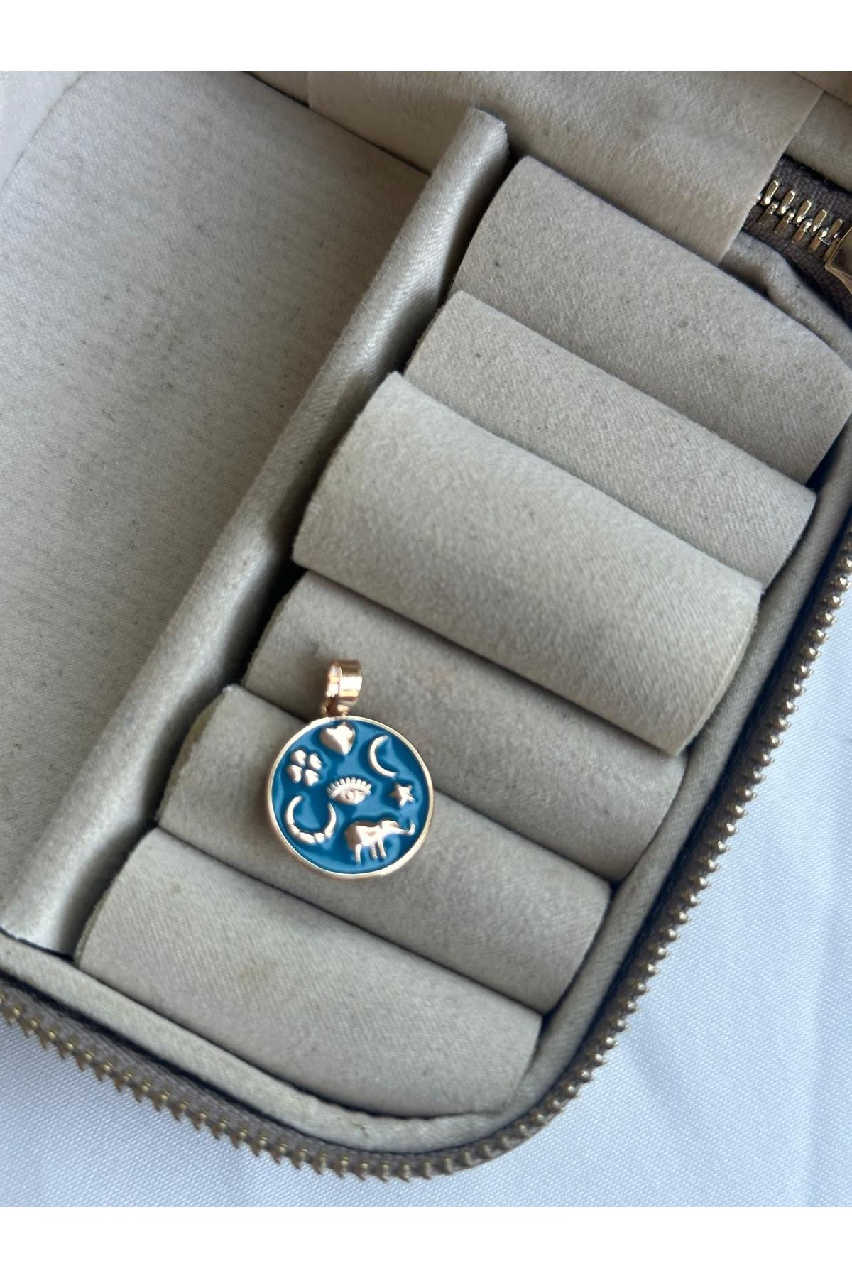 18K Rose Gold Renkli Mavi Şans Charm Kolye Ucu