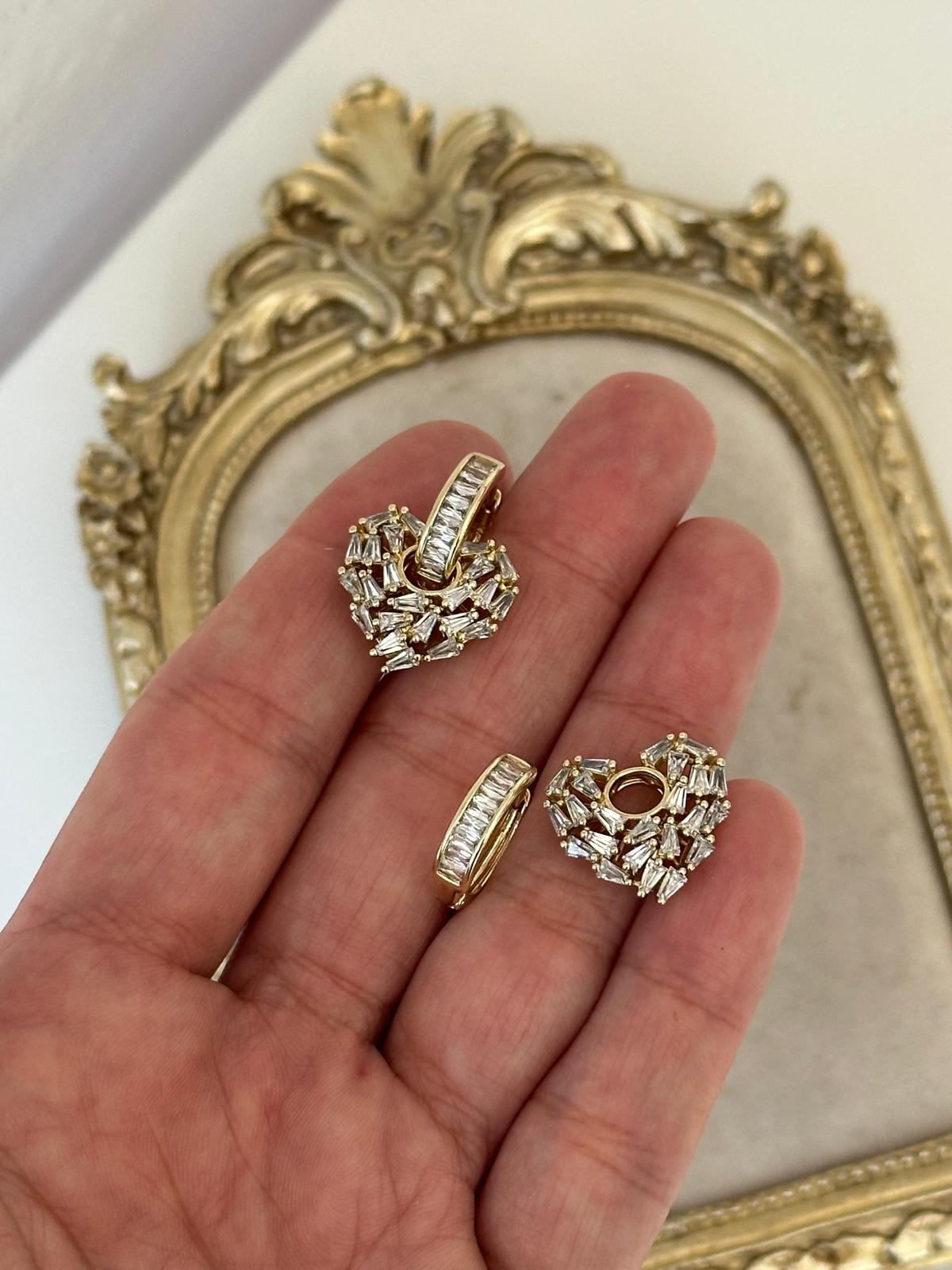 14K Halka Kalp Kristal Full Taşlı Halka Küpe