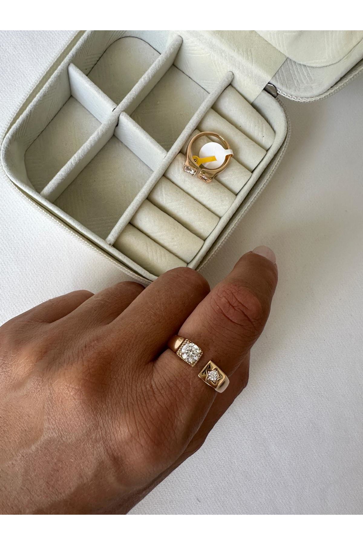 18K Rose Gold Renkli Yıldız Yuvarlak Kristal Taş Kare Kesim Ayarlanabilir Yüzük 8,9