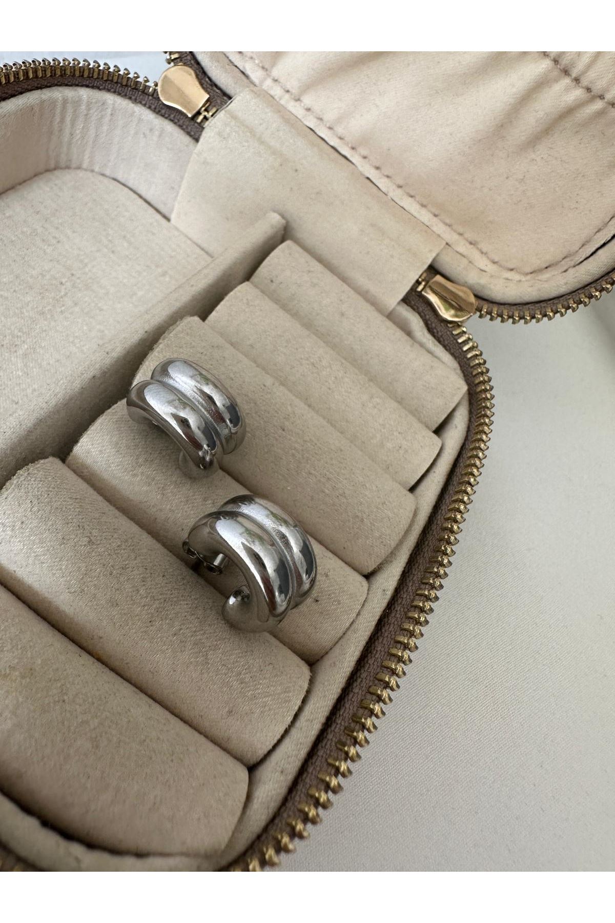 Gümüş Renkli İkili Dolum Yarım Halka Küpe