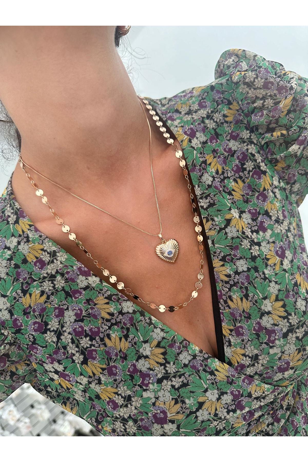 18K Rose Gold Renkli Kalp Göz Küp Zincir Kolye