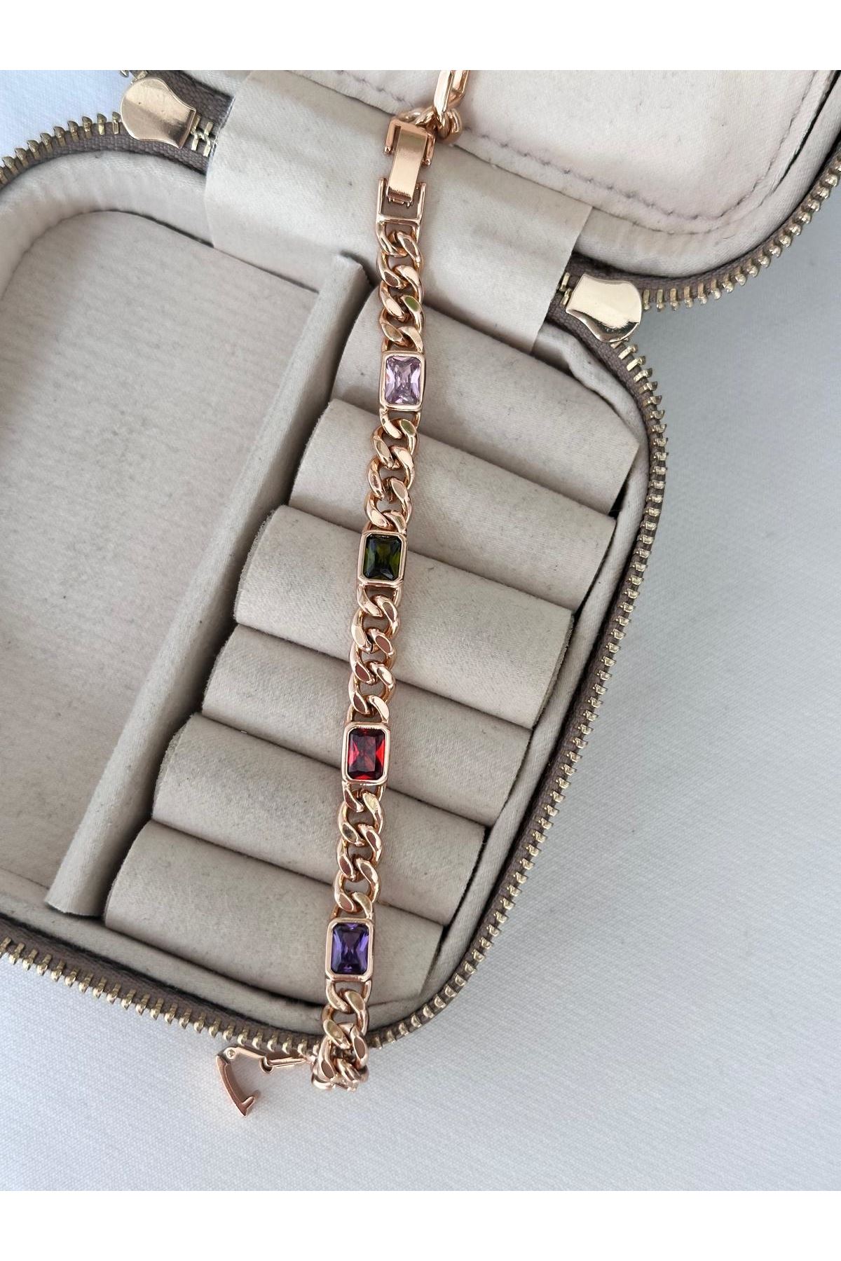 18K Rose Gold Renkli Renkli Dikdörtgen Taşlı Örgü Bileklik