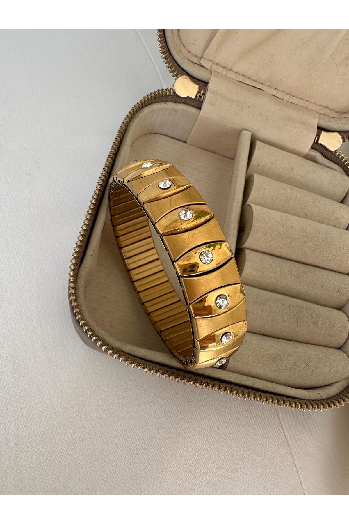 18K Rose Gold Renkli Kalın Oval Kesim Ortası Taşlı Raylı Bileklik