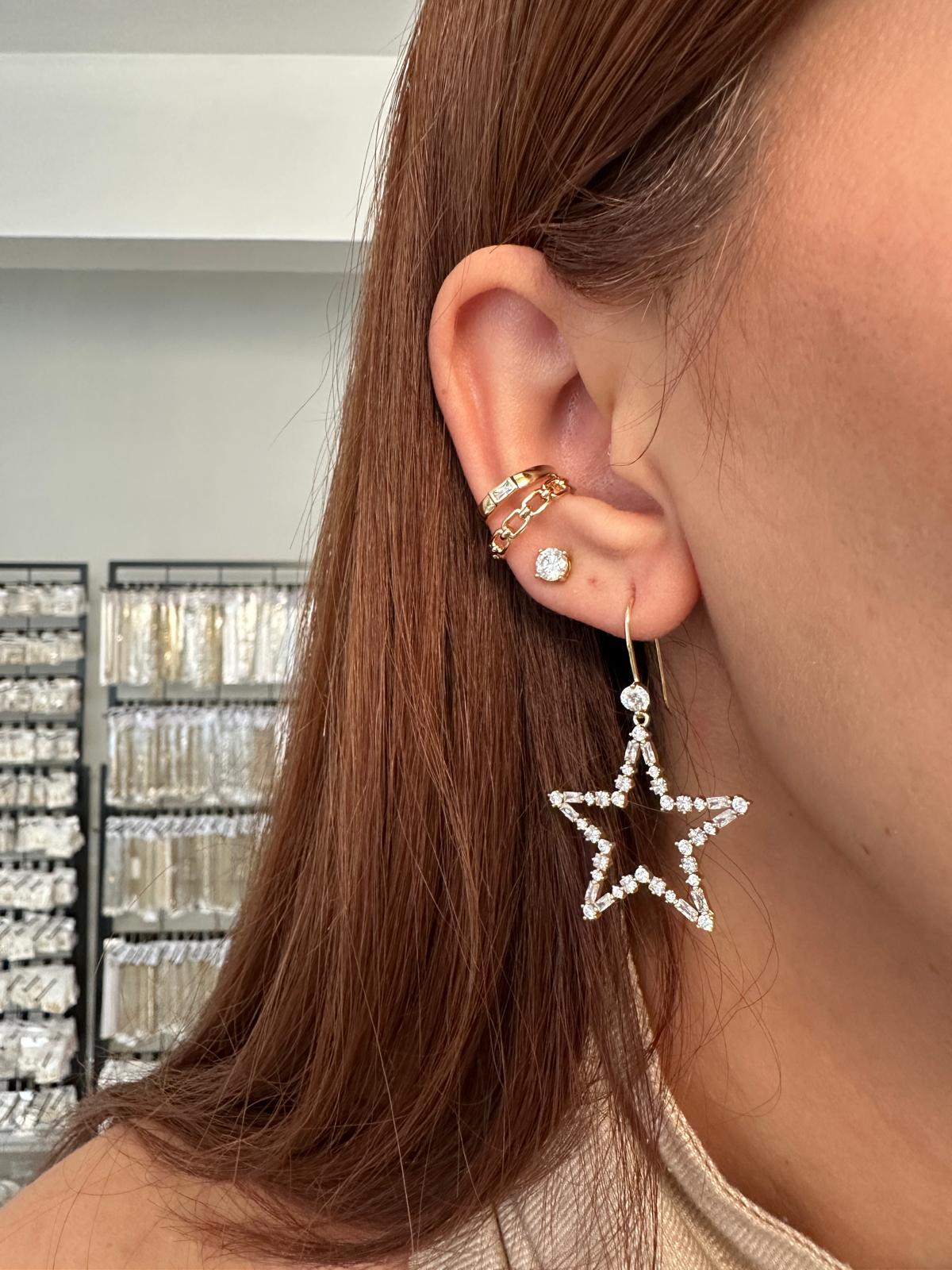 14K Gold Yıldız Taşlı Çengel Küpe