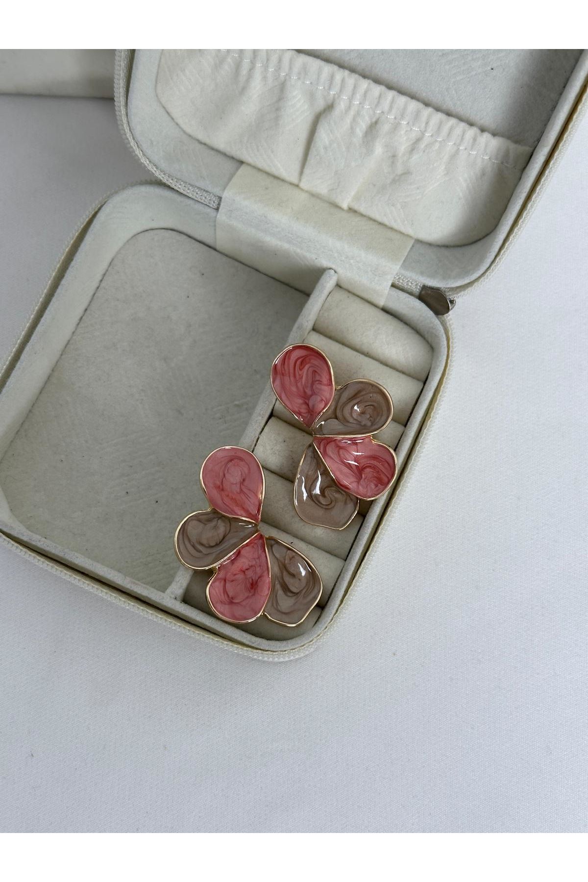 Dörtlü Yaprak Kesim Kahve Somon Küpe